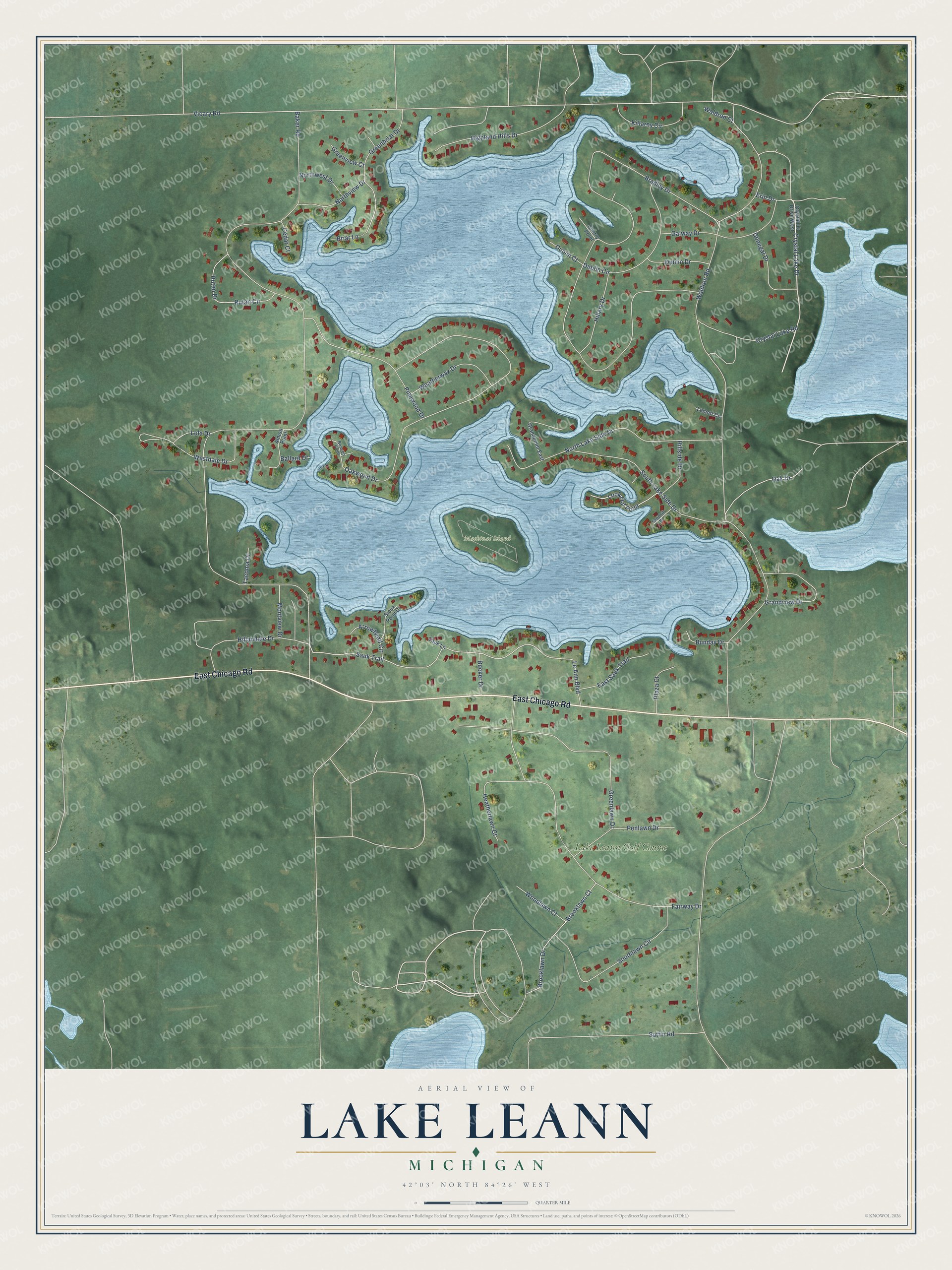 Full map of Lake LeAnn, Michigan, with red buildings, printed street names and the land around them
