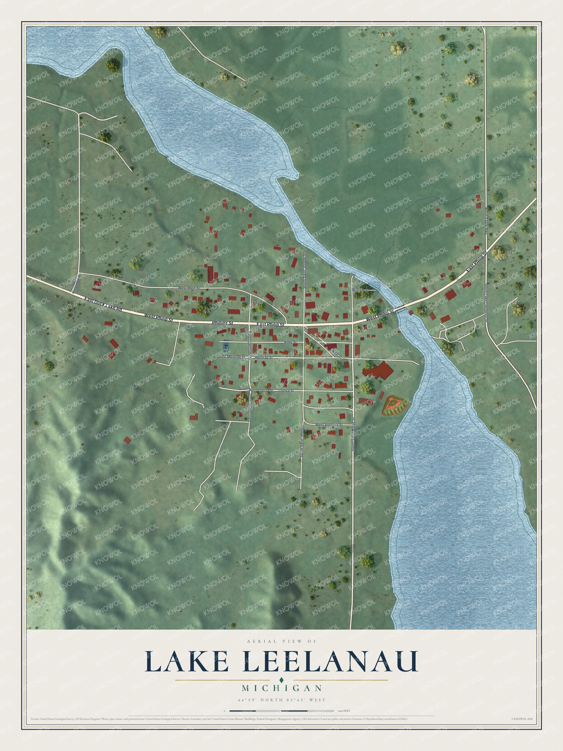Full map of Lake Leelanau, Michigan, with red buildings, printed street names and the land around them
