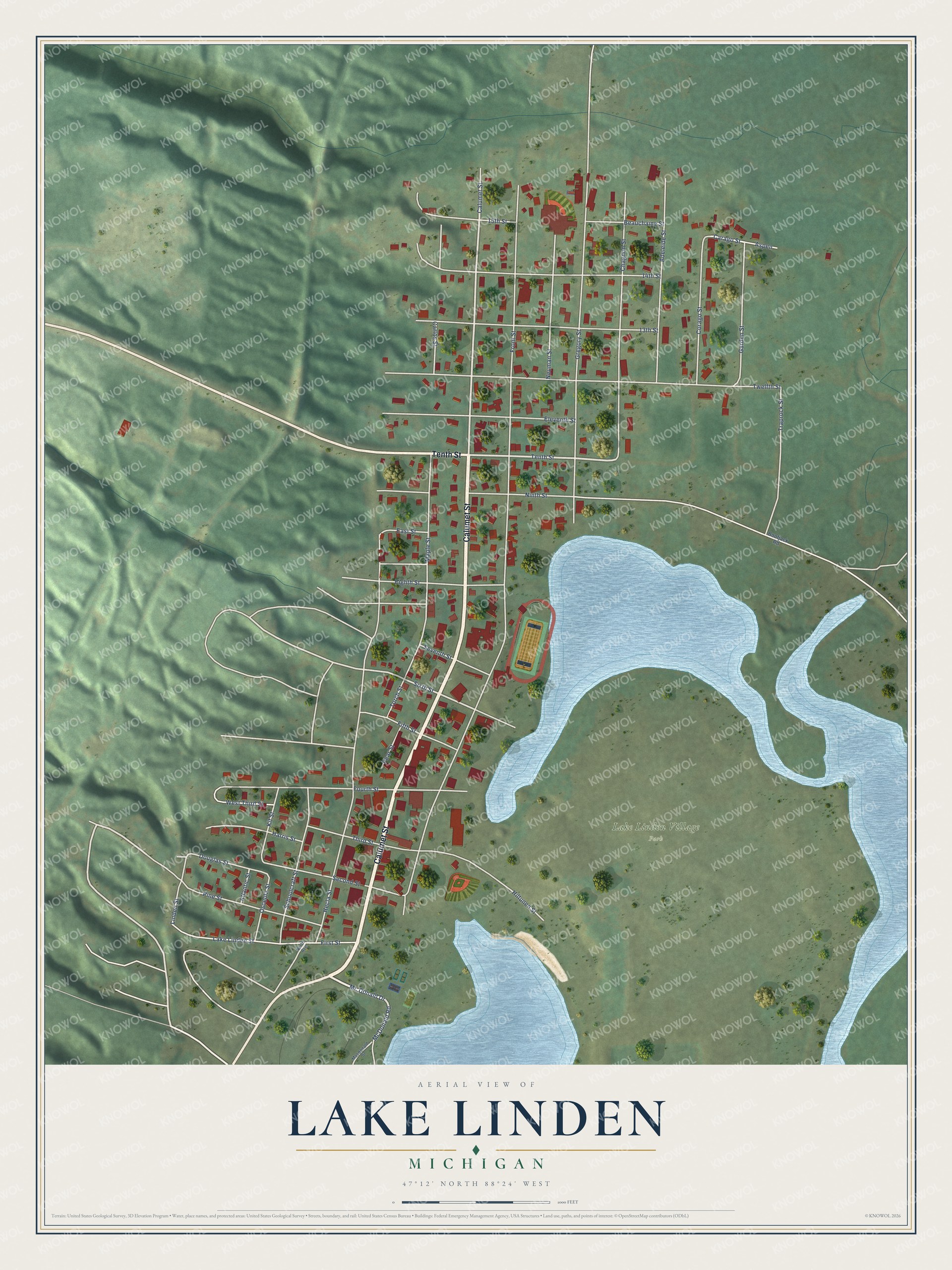 Full map of Lake Linden, Michigan, with red buildings, printed street names and the land around them