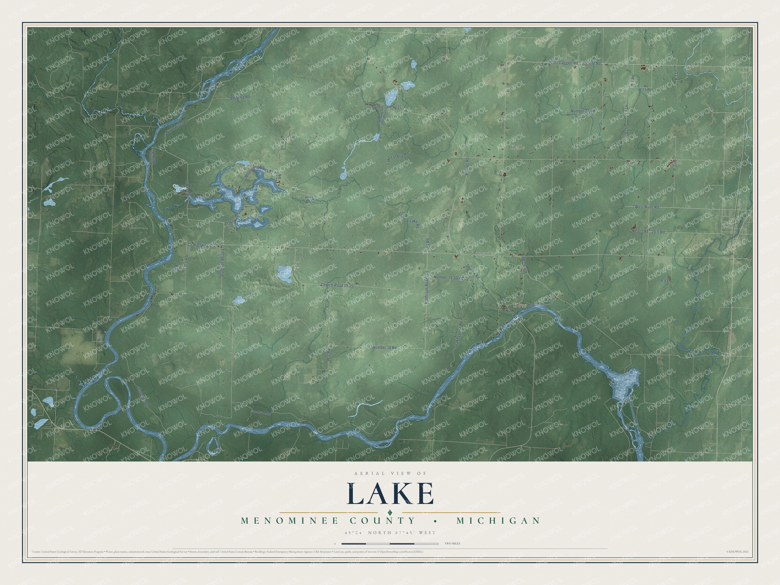 Full map of Lake, Michigan, with red buildings, printed street names and the land around them