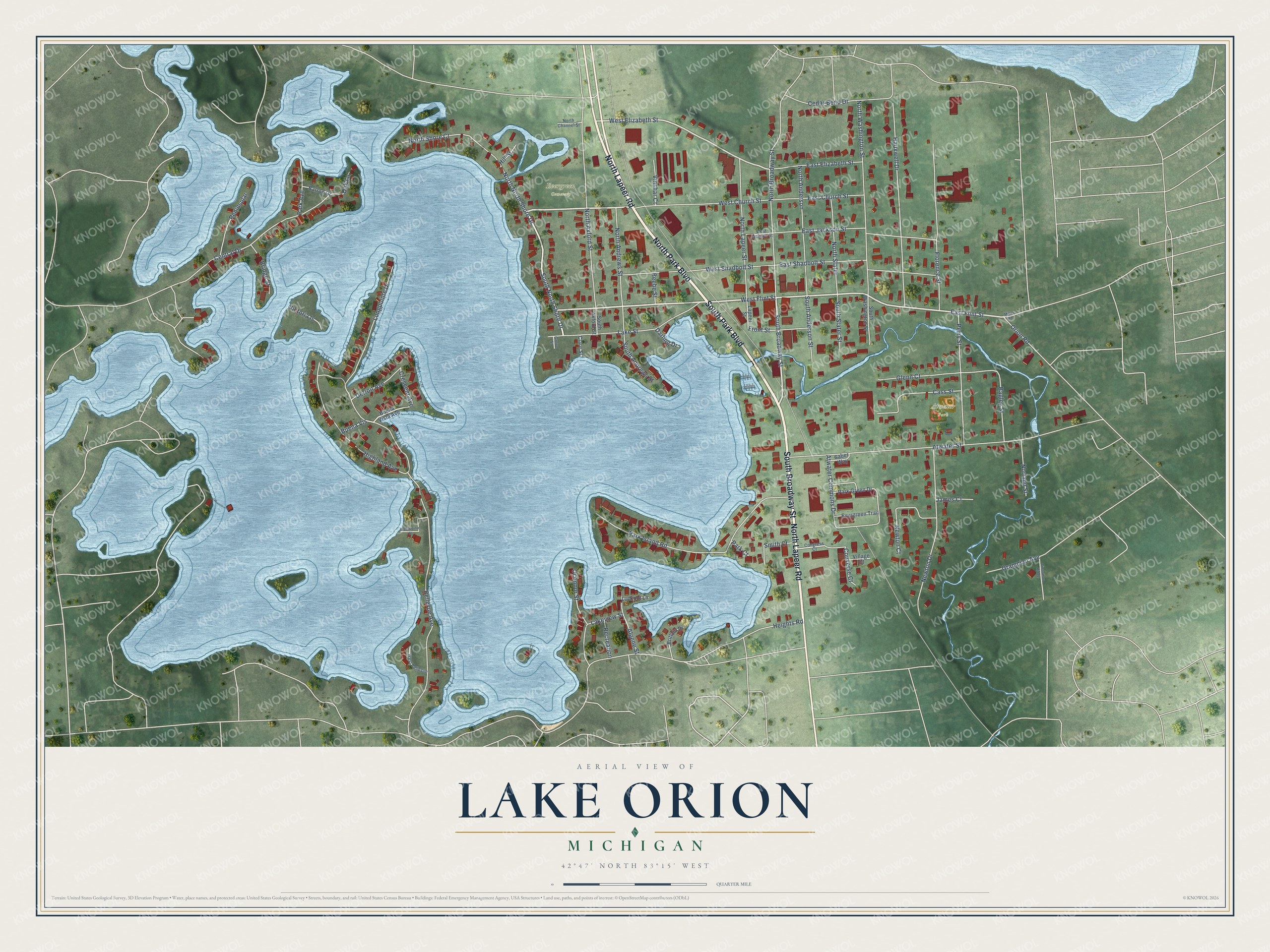 Full map of Lake Orion, Michigan, with red buildings, printed street names and the land around them