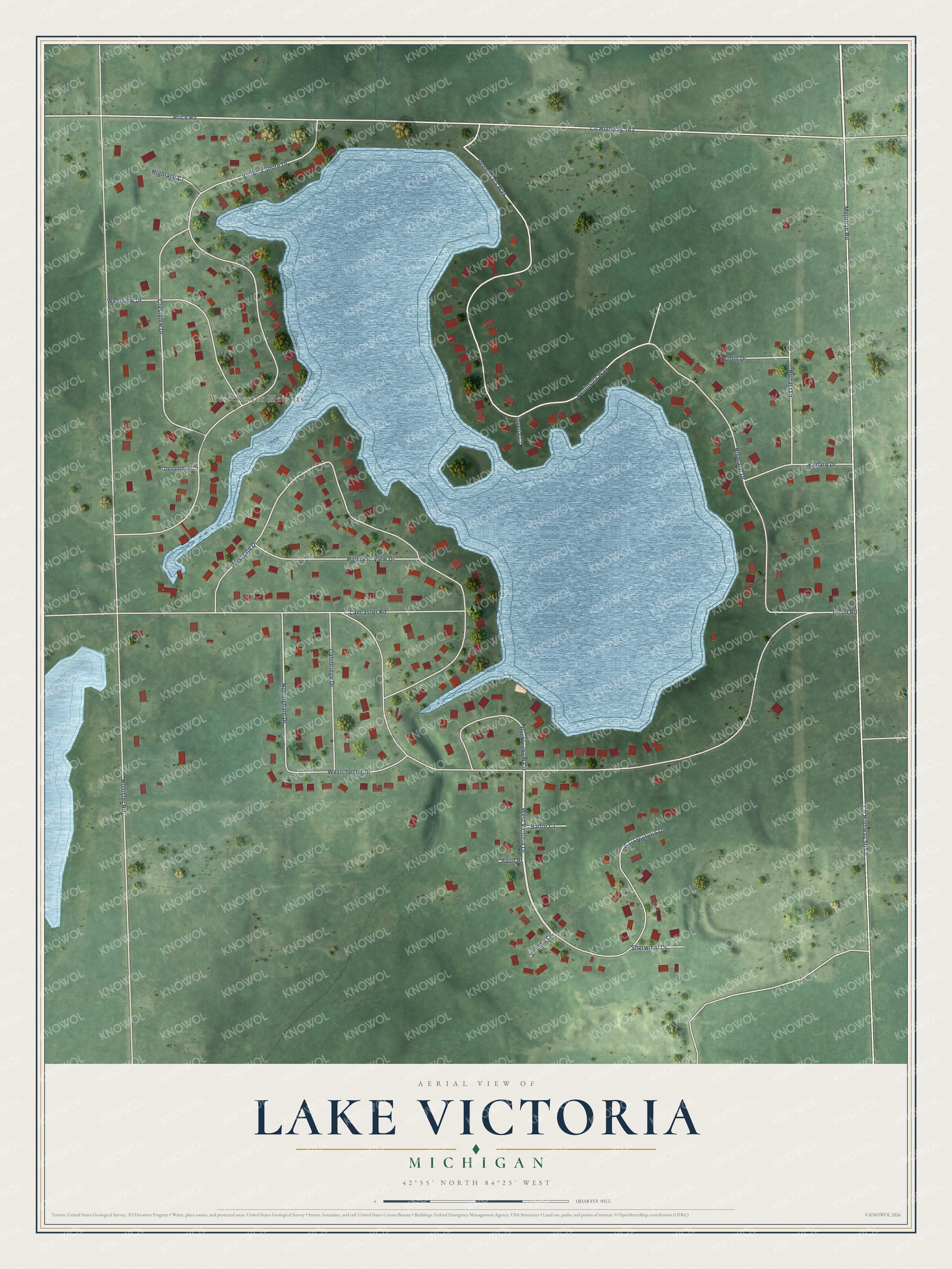 Full map of Lake Victoria, Michigan, with red buildings, printed street names and the land around them