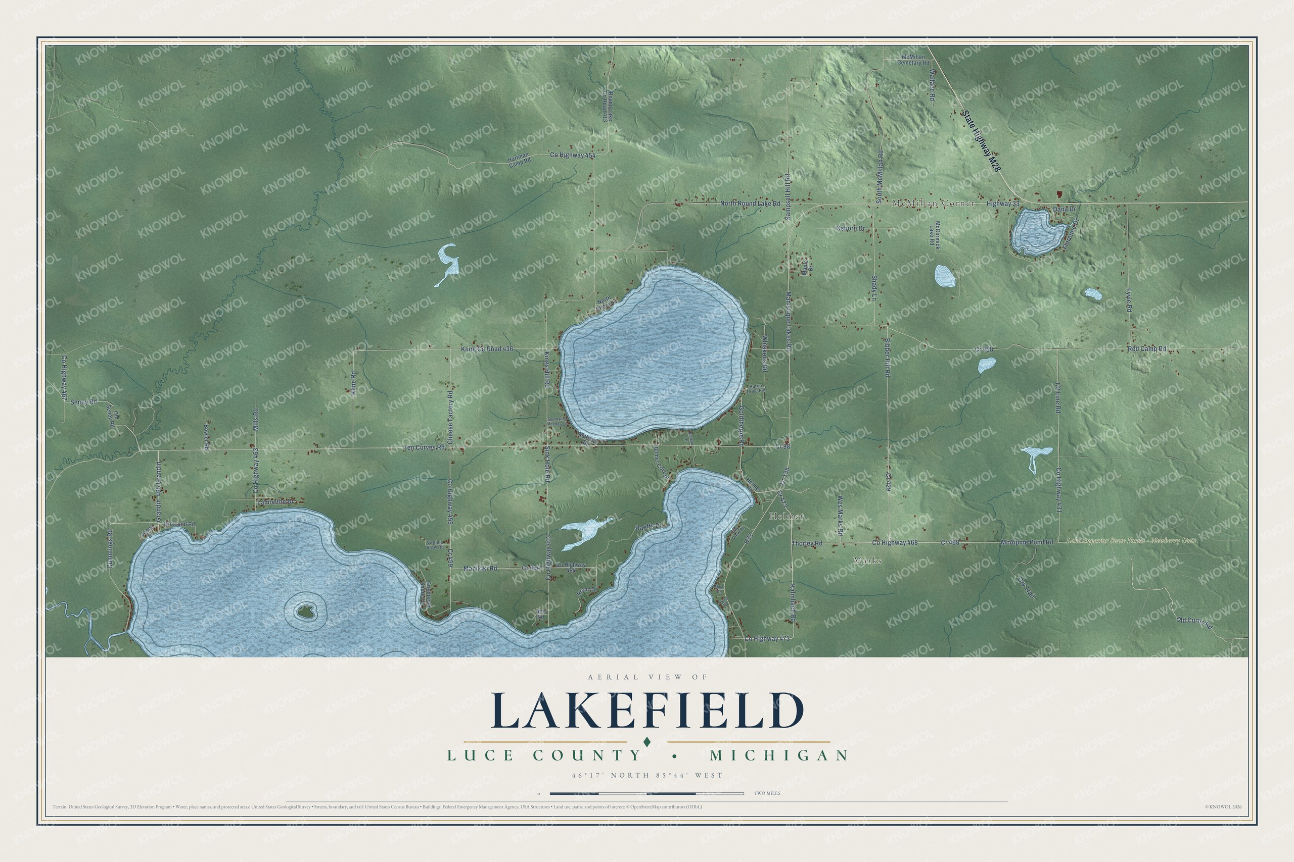 Full map of Lakefield, Michigan, with red buildings, printed street names and the land around them