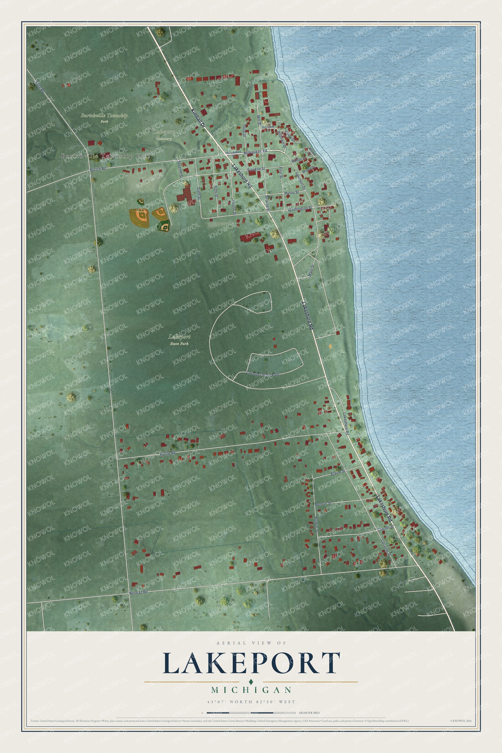 Full map of Lakeport, Michigan, with red buildings, printed street names and the land around them