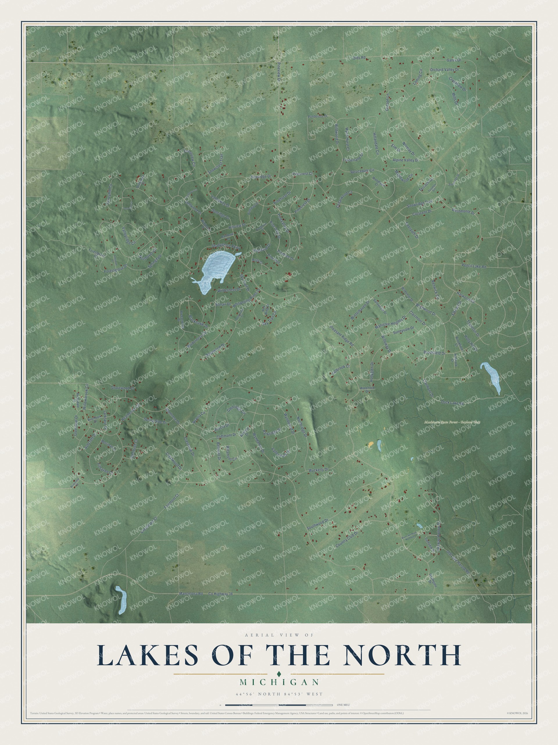 Full map of Lakes of the North, Michigan, with red buildings, printed street names and the land around them