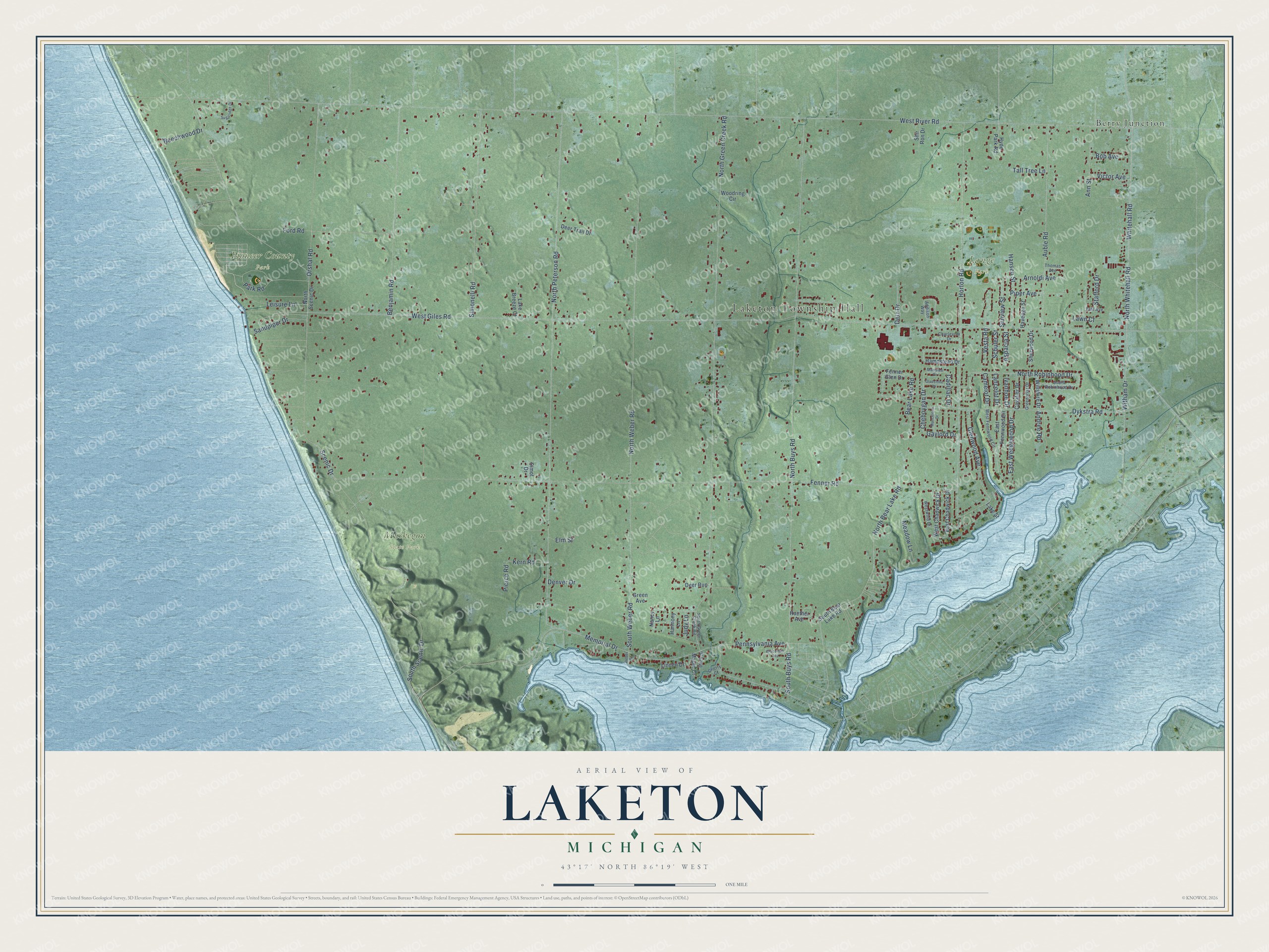 Full map of Laketon, Michigan, with red buildings, printed street names and the land around them