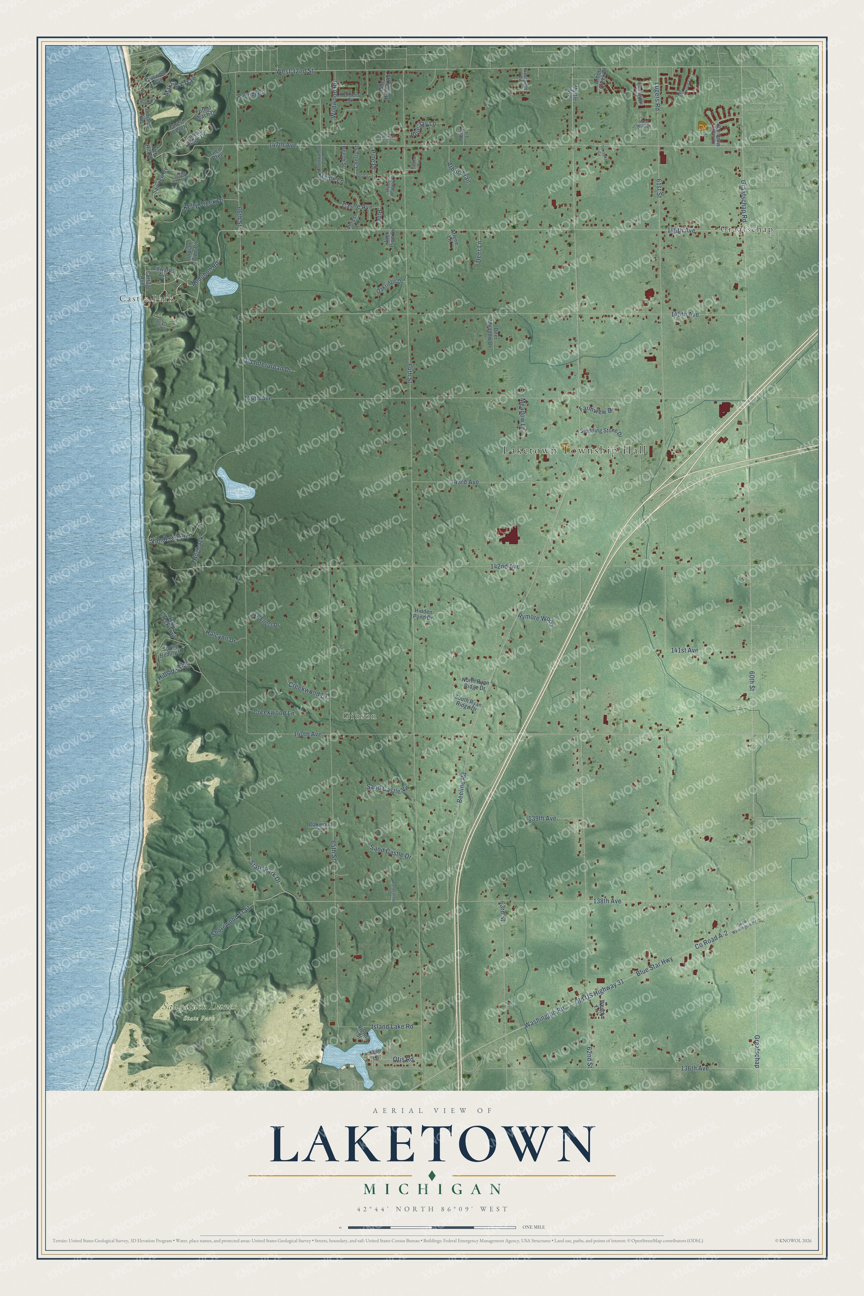 Full map of Laketown, Michigan, with red buildings, printed street names and the land around them