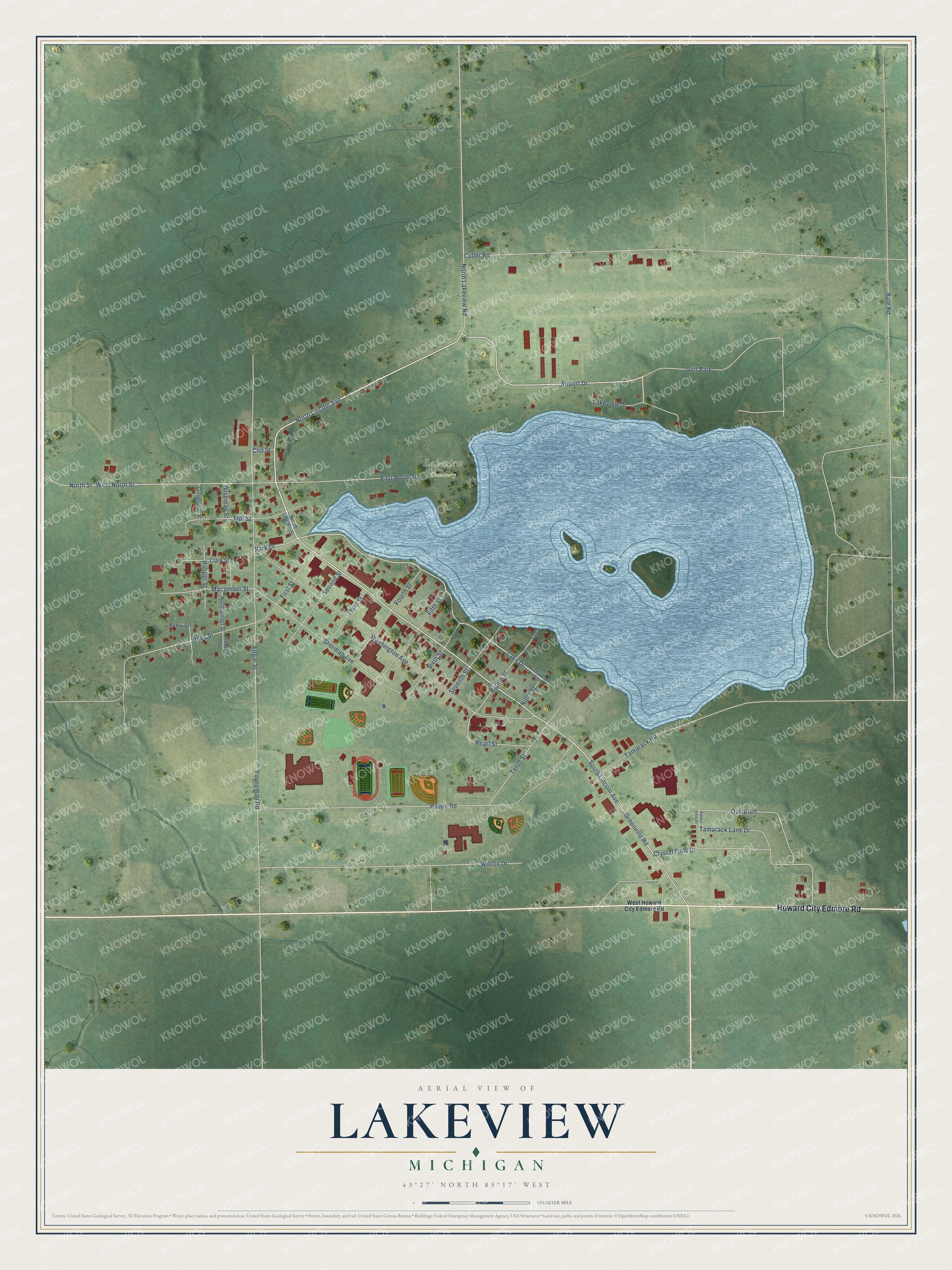 Full map of Lakeview, Michigan, with red buildings, printed street names and the land around them