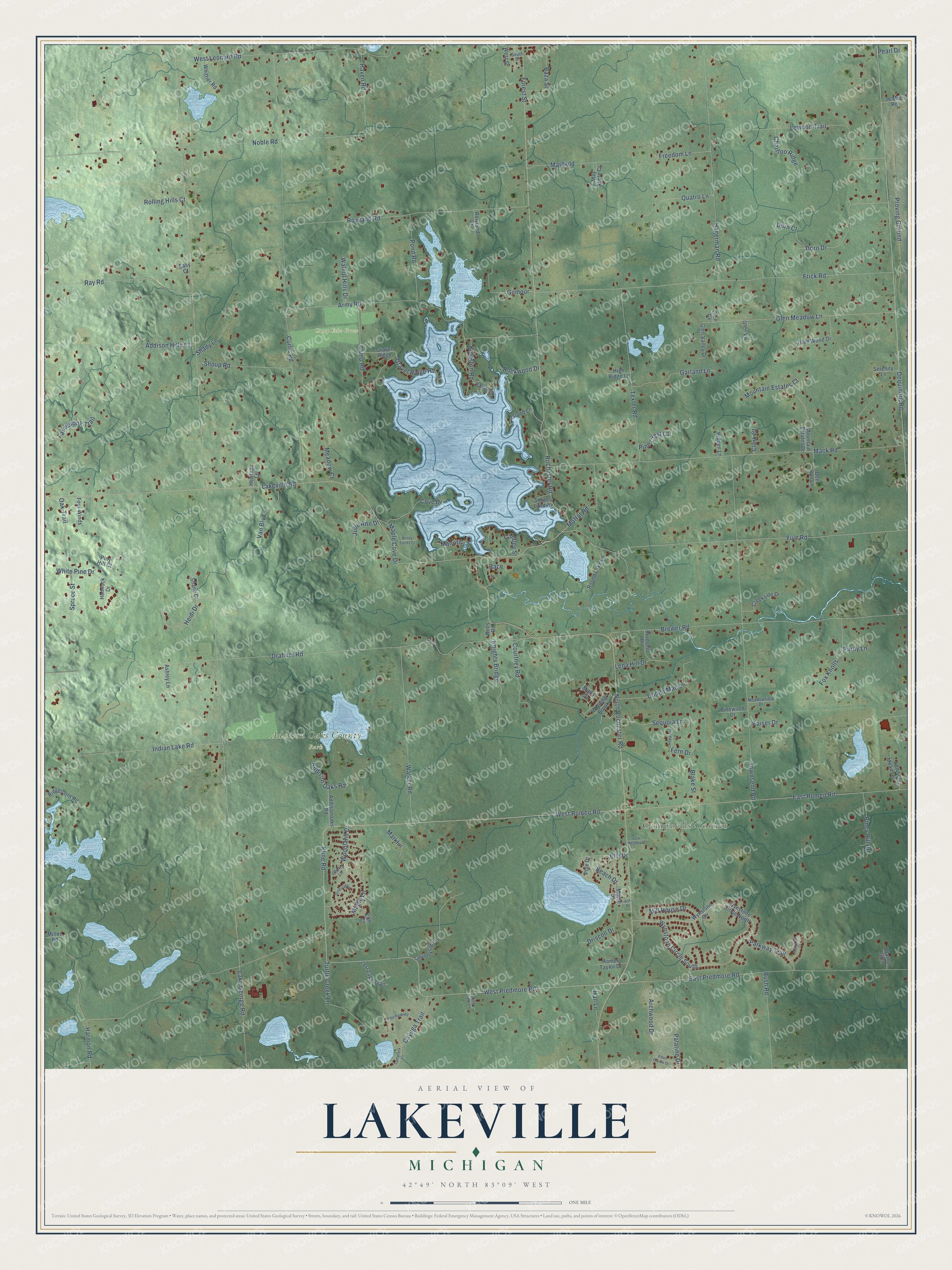 Full map of Lakeville, Michigan, with red buildings, printed street names and the land around them