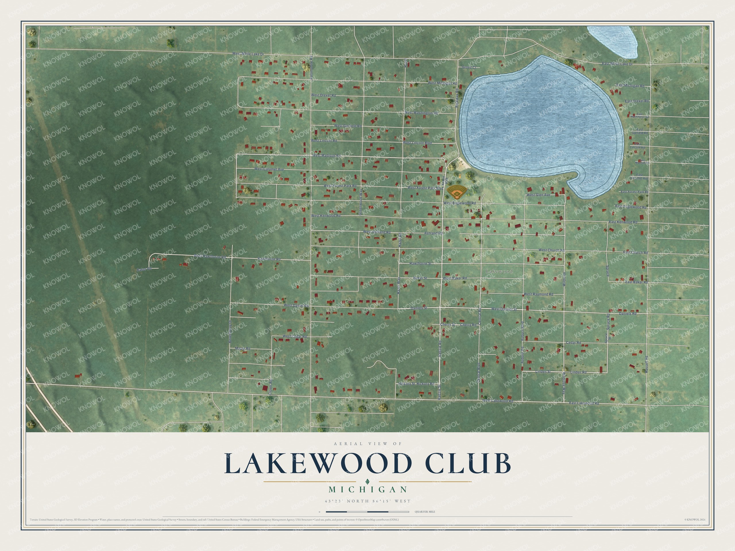 Full map of Lakewood Club, Michigan, with red buildings, printed street names and the land around them