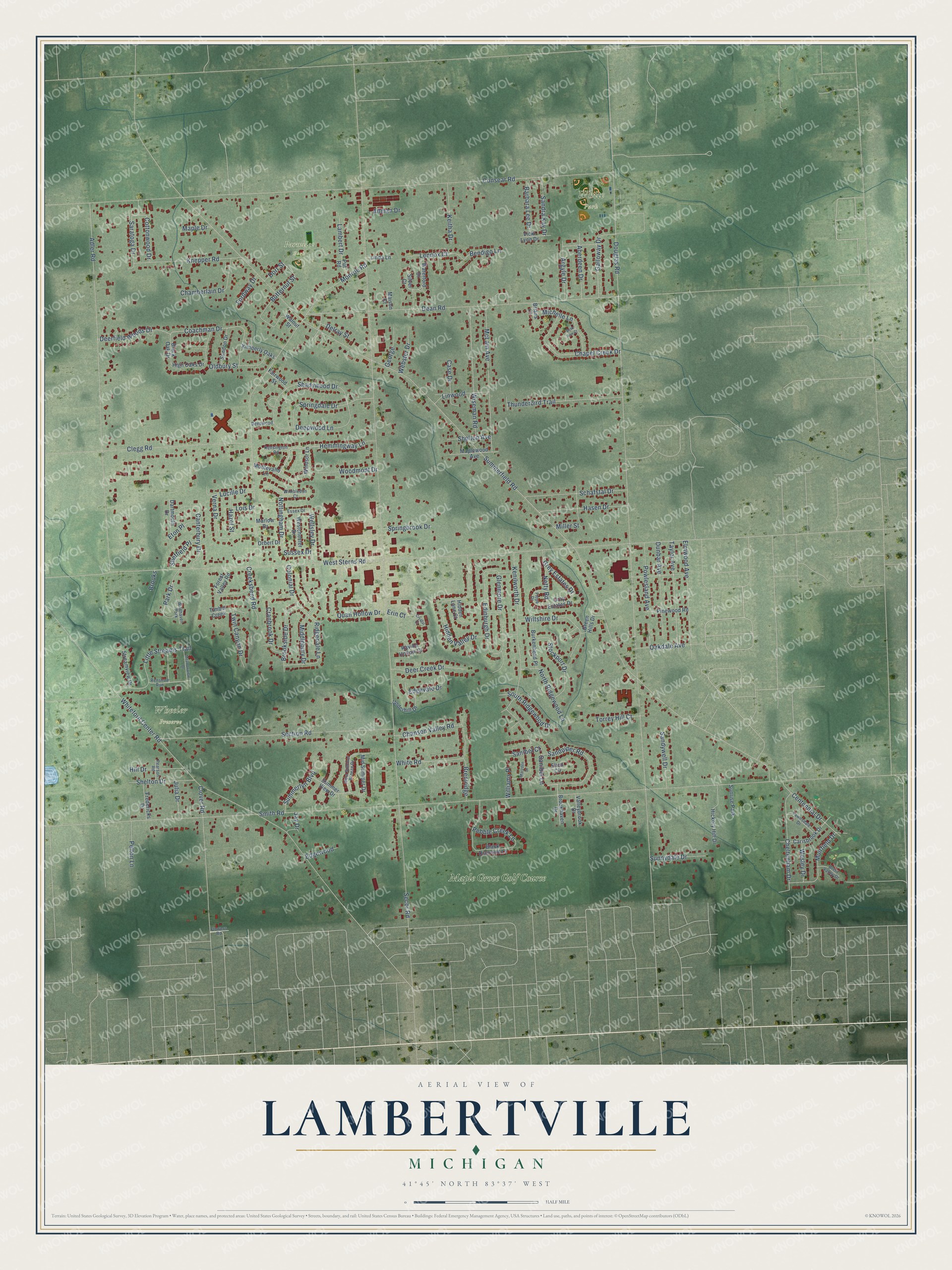 Full map of Lambertville, Michigan, with red buildings, printed street names and the land around them