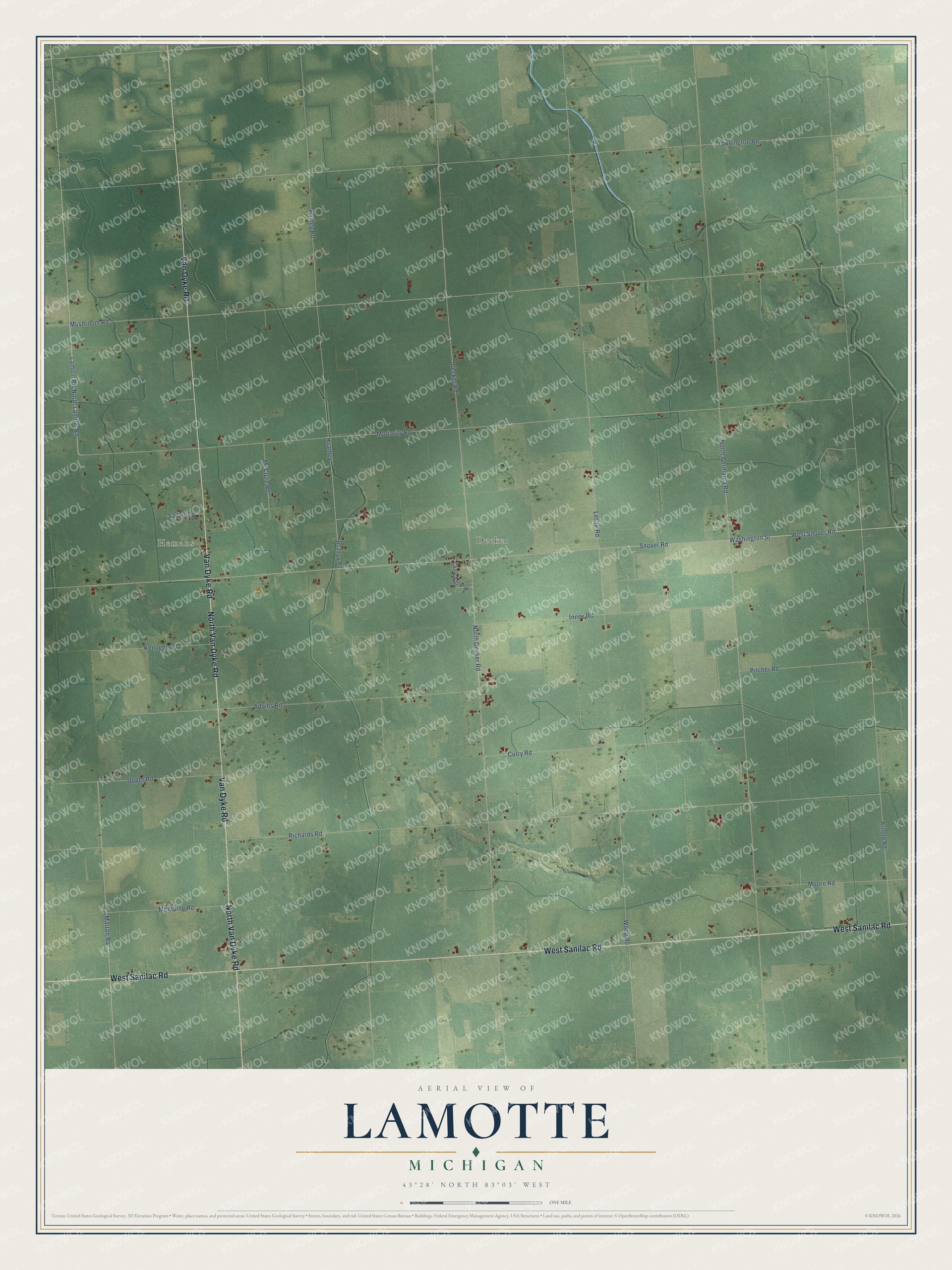 Full map of Lamotte, Michigan, with red buildings, printed street names and the land around them