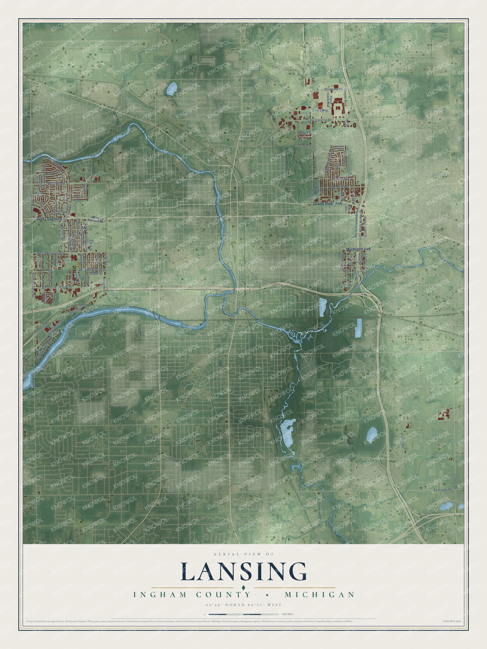 Watermarked full-map preview of Lansing, Michigan
