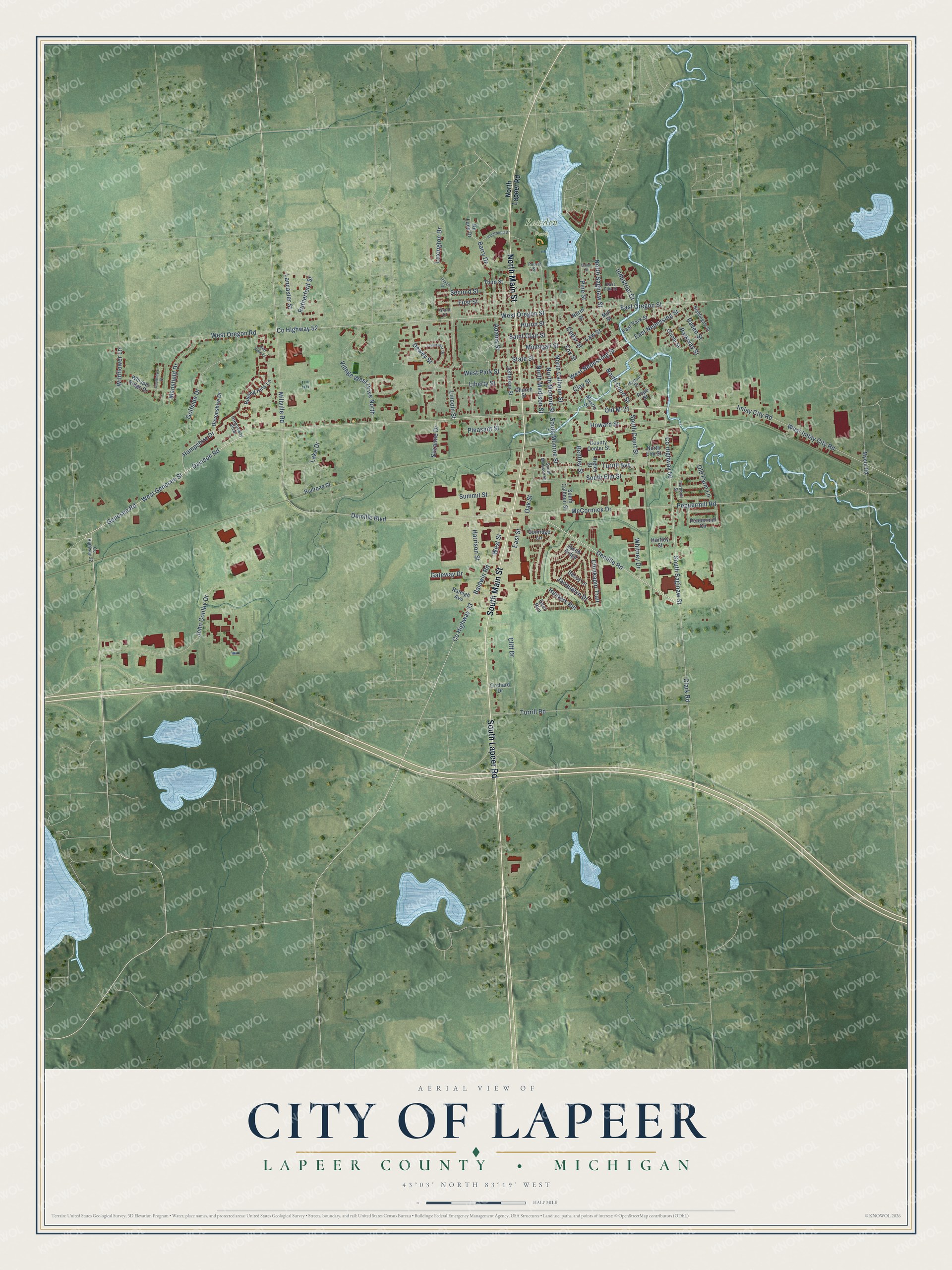 Full map of Lapeer, Michigan, with red buildings, printed street names and the land around them