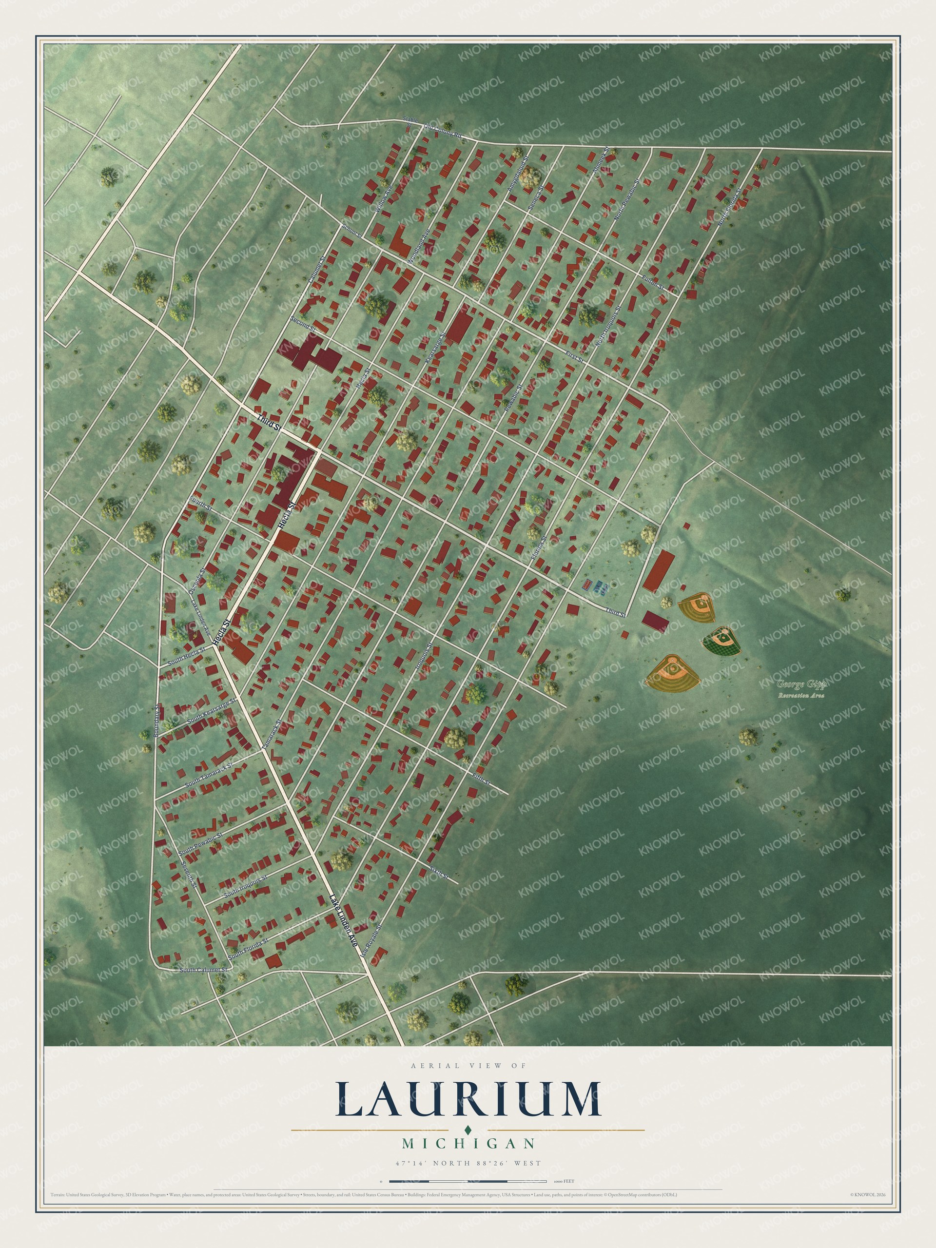 Full map of Laurium, Michigan, with red buildings, printed street names and the land around them