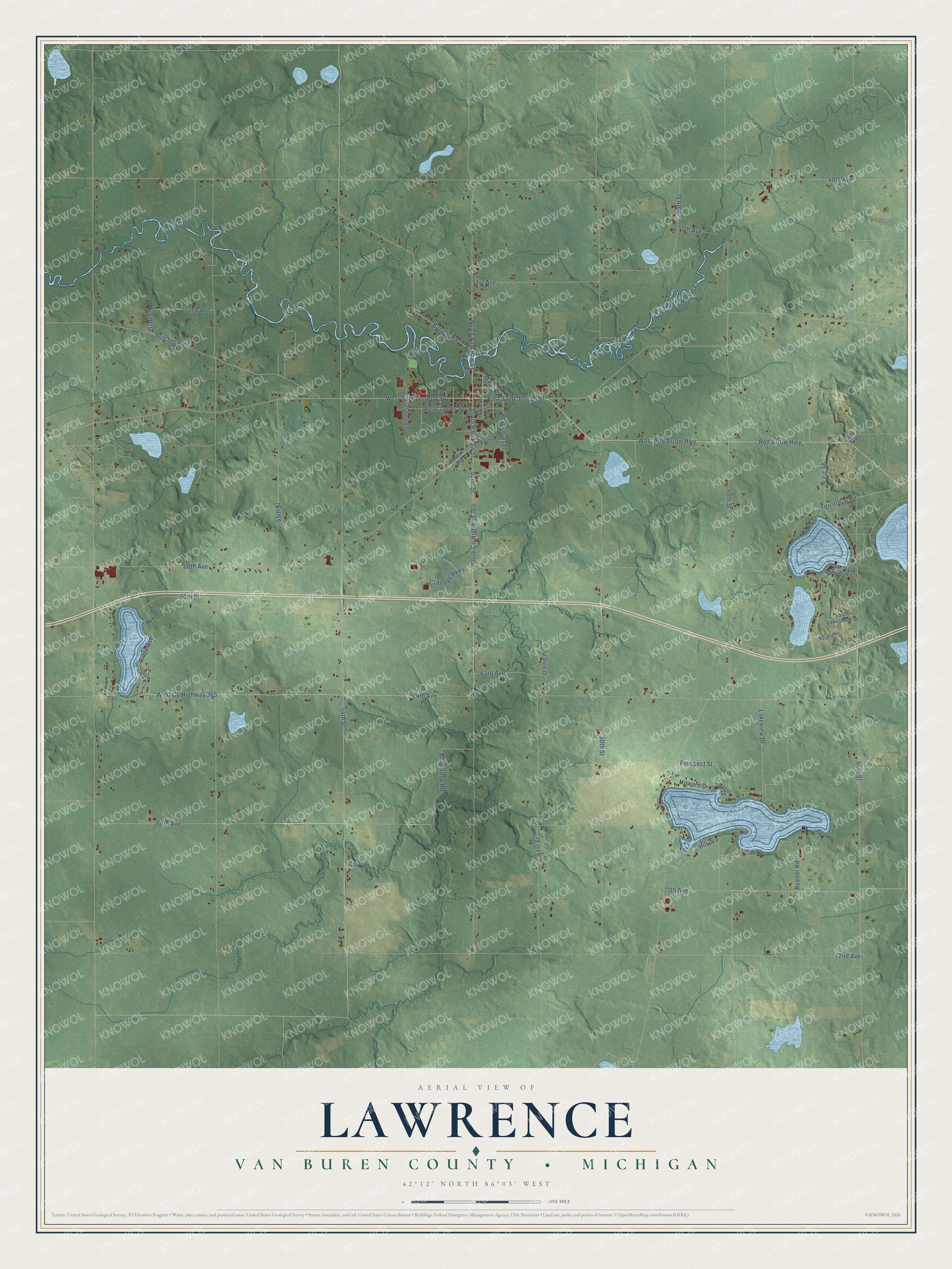 Full map of Lawrence, Michigan, with red buildings, printed street names and the land around them