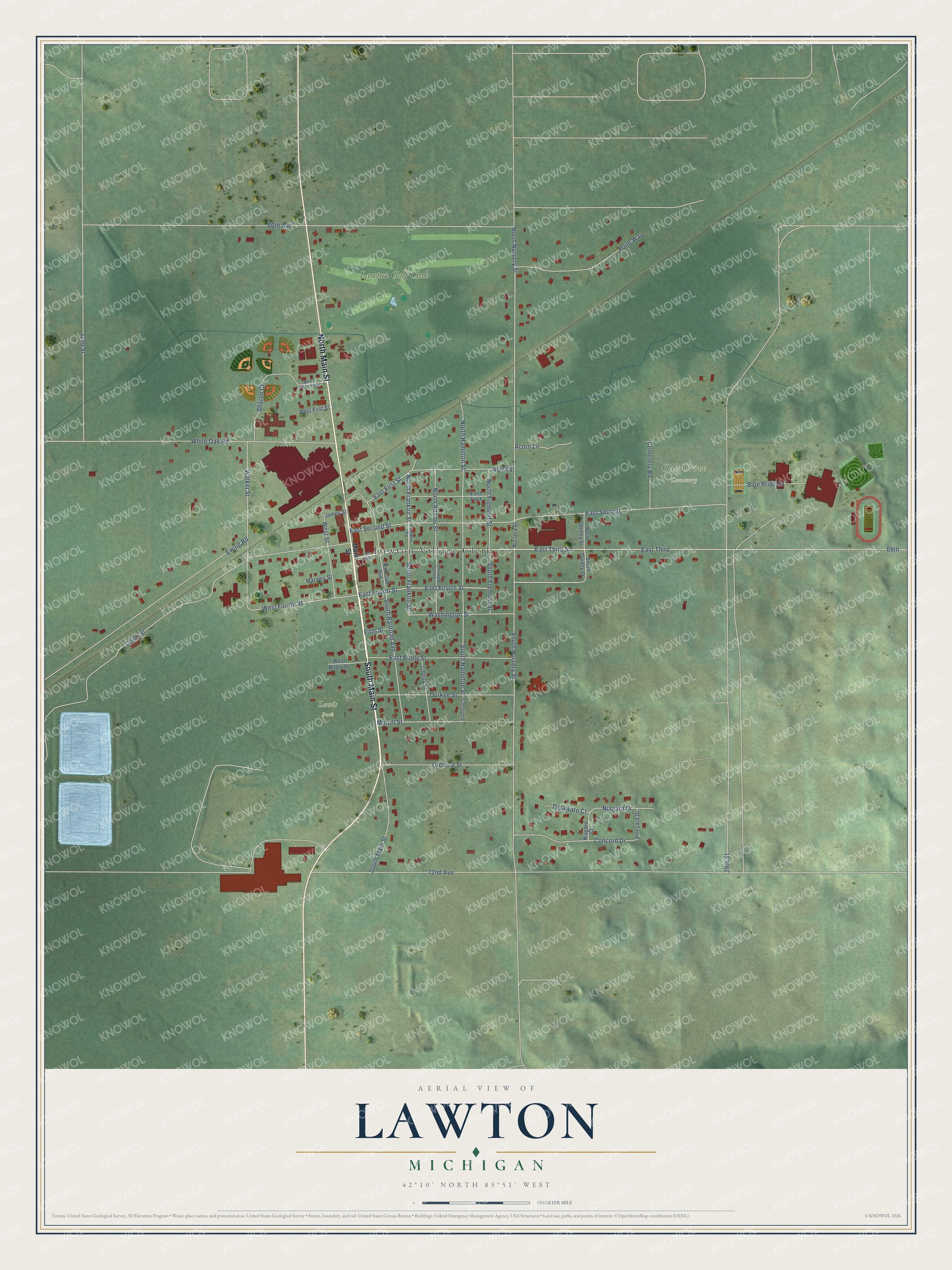 Full map of Lawton, Michigan, with red buildings, printed street names and the land around them