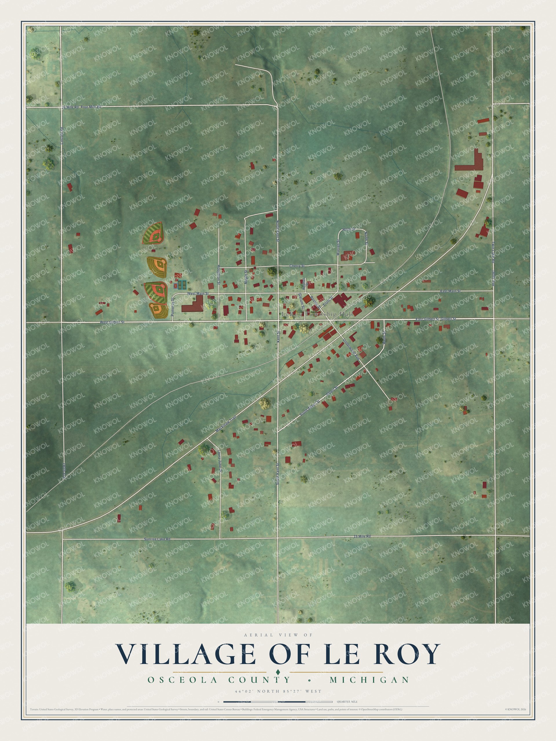 Full map of Le Roy, Michigan, with red buildings, printed street names and the land around them