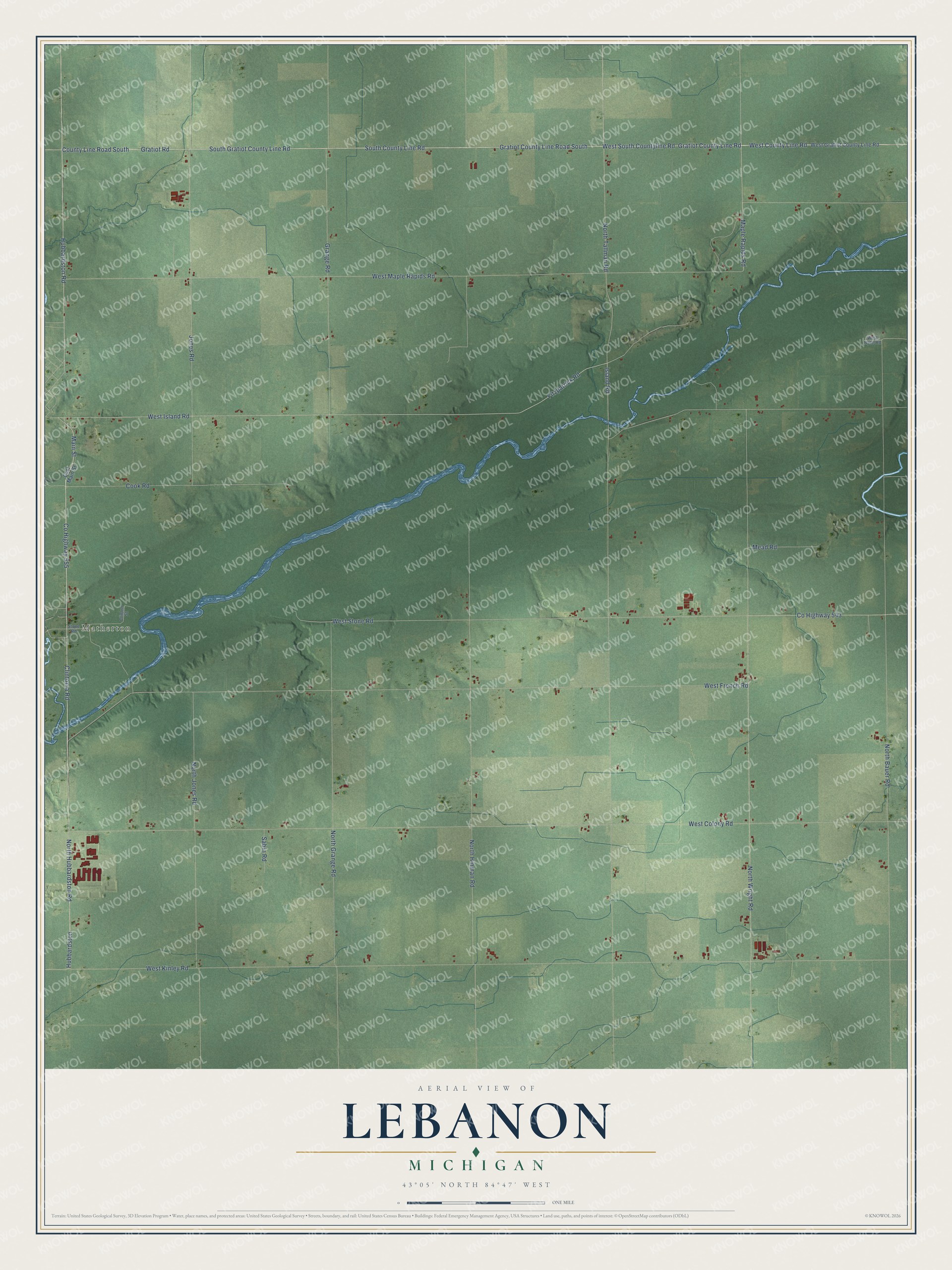 Full map of Lebanon, Michigan, with red buildings, printed street names and the land around them