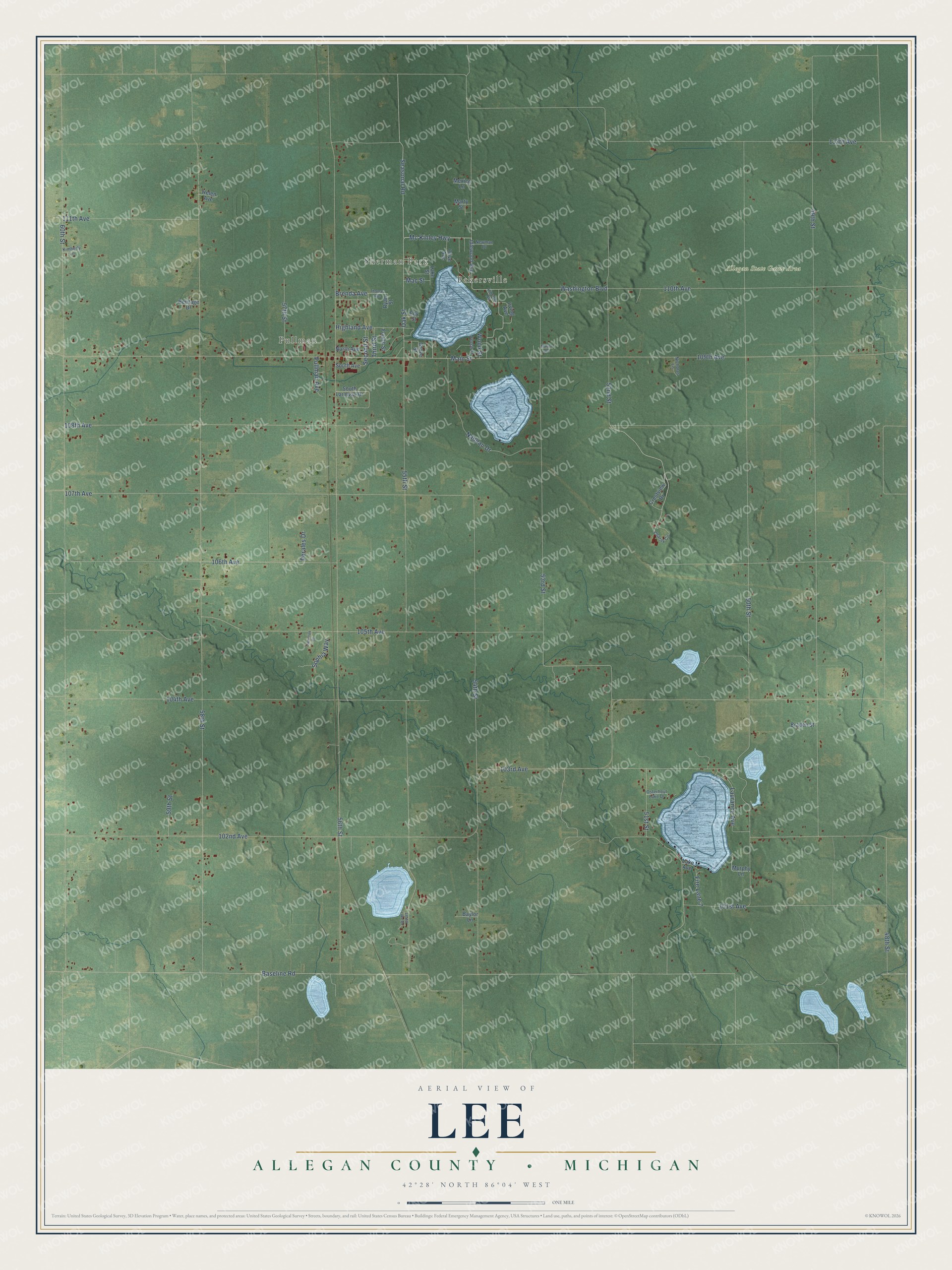 Full map of Lee, Michigan, with red buildings, printed street names and the land around them