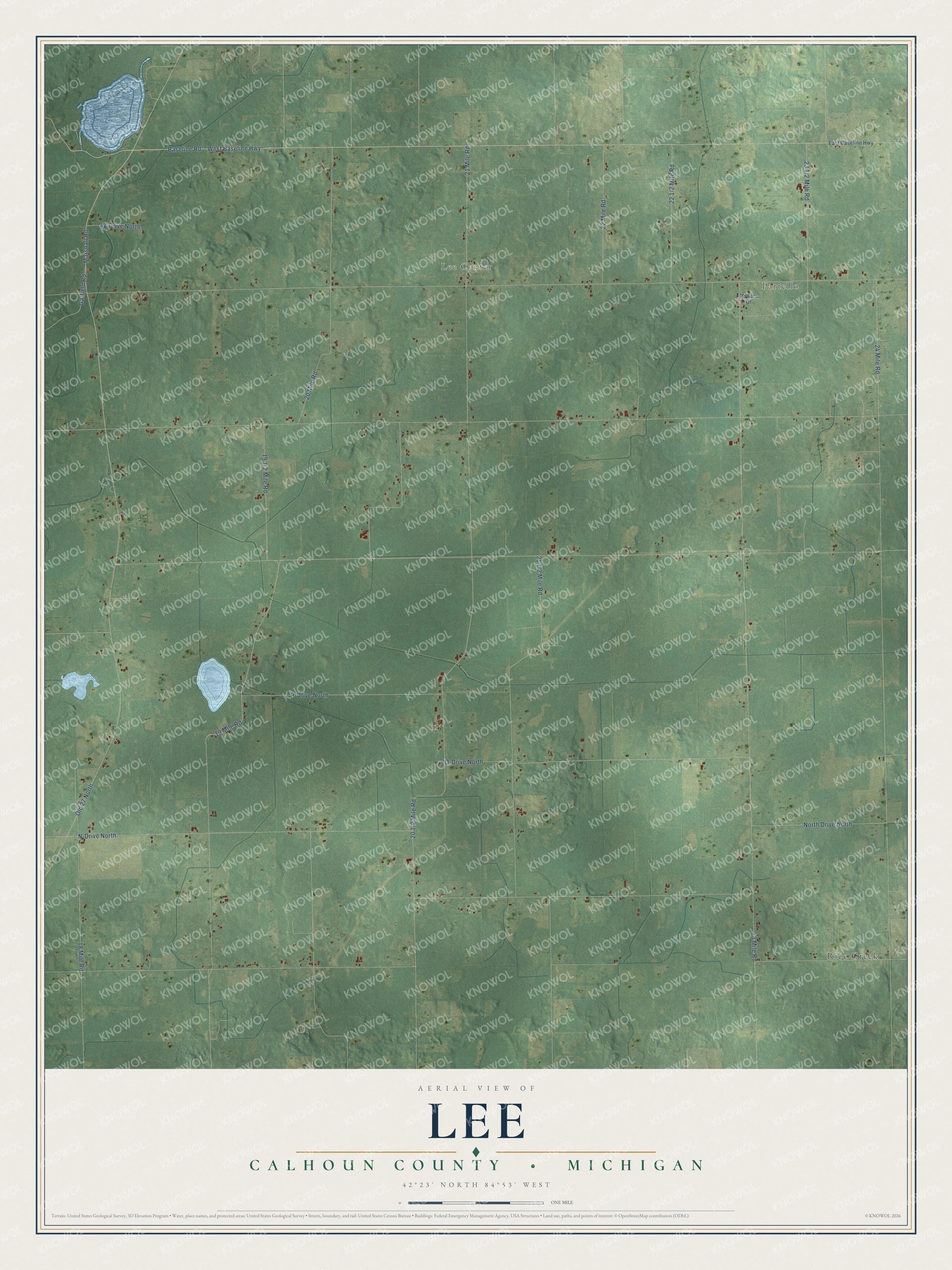 Full map of Lee, Michigan, with red buildings, printed street names and the land around them