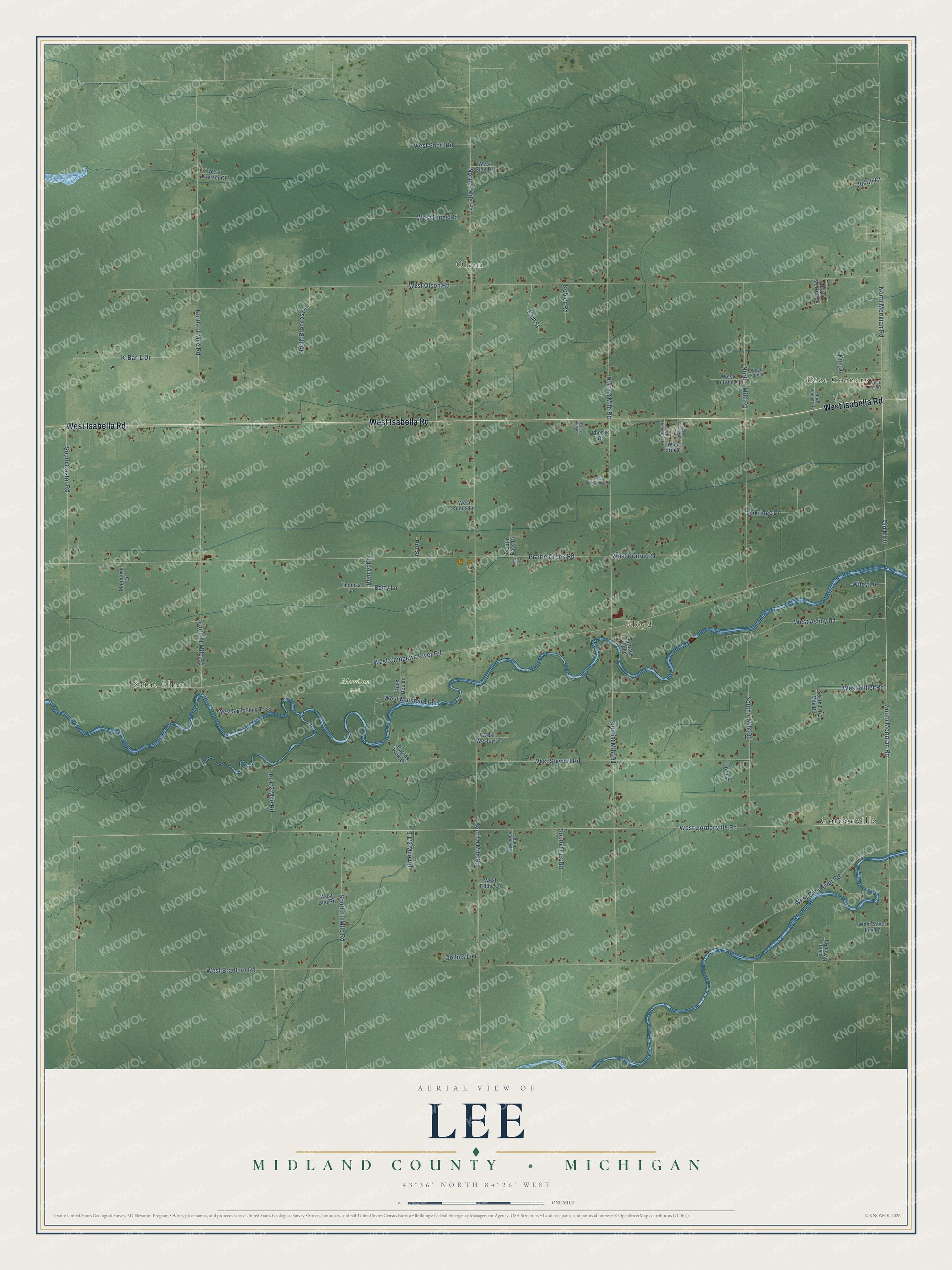 Full map of Lee, Michigan, with red buildings, printed street names and the land around them