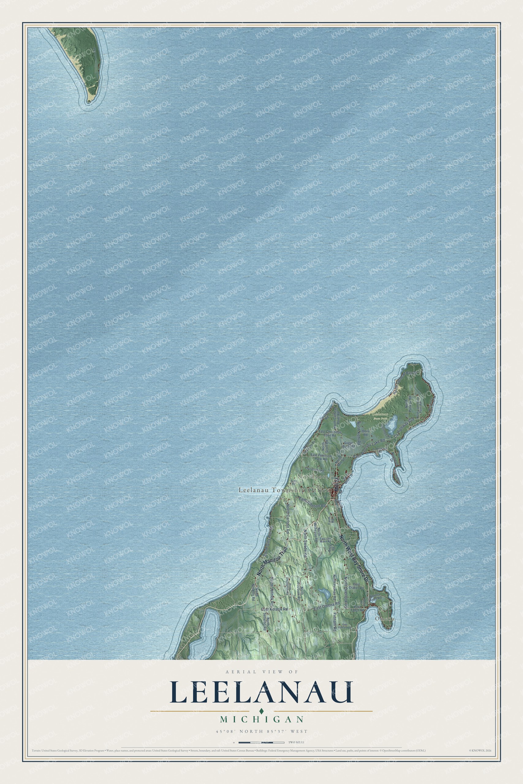 Full map of Leelanau, Michigan, with red buildings, printed street names and the land around them