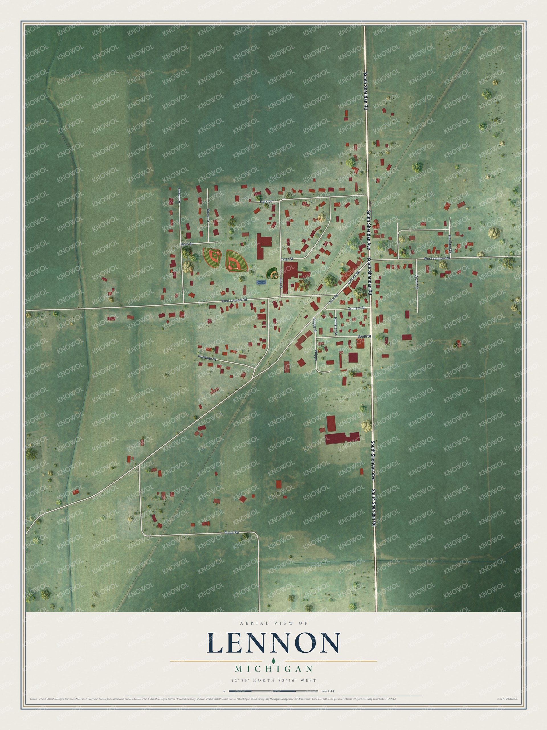 Full map of Lennon, Michigan, with red buildings, printed street names and the land around them