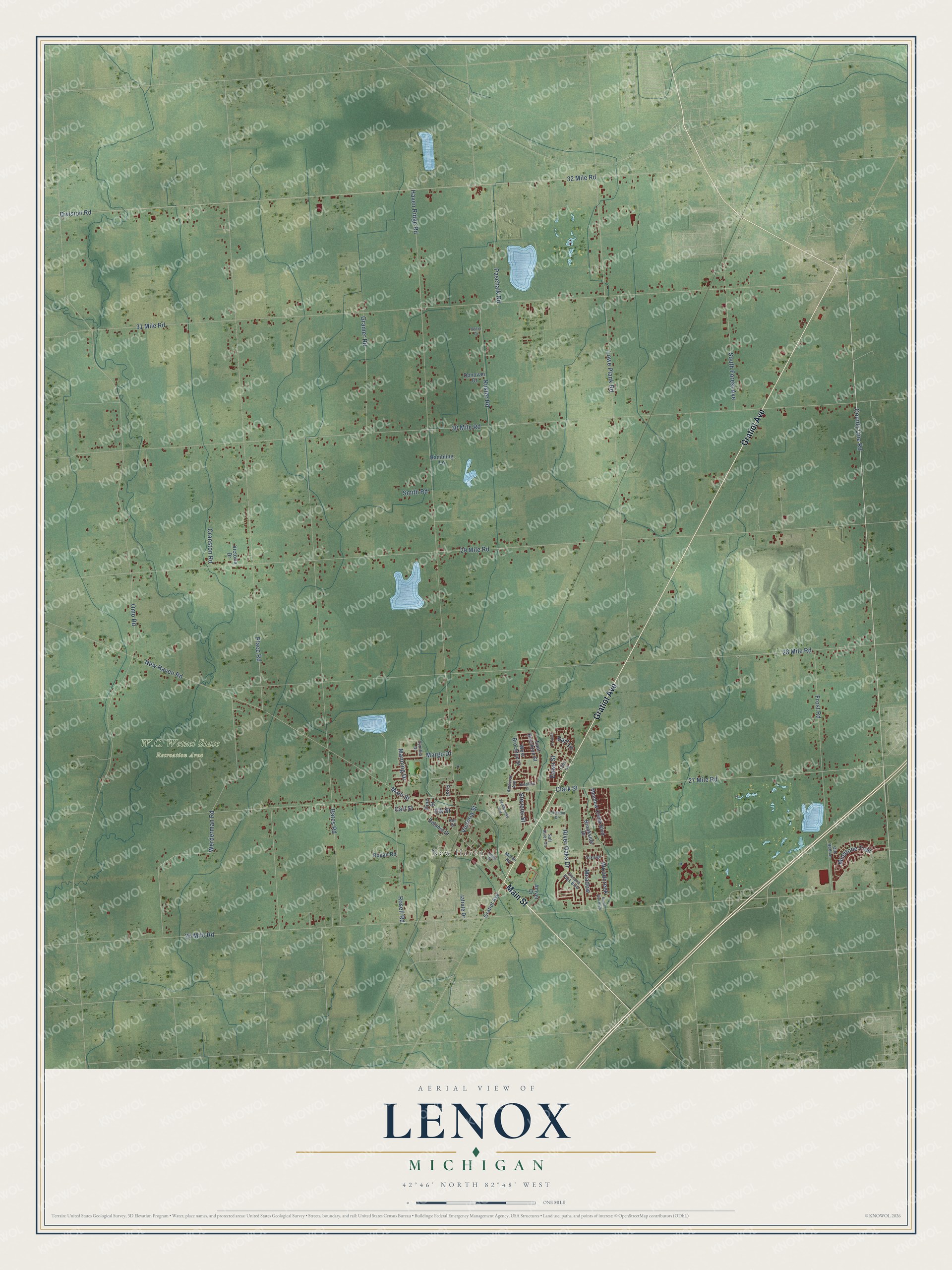 Full map of Lenox, Michigan, with red buildings, printed street names and the land around them