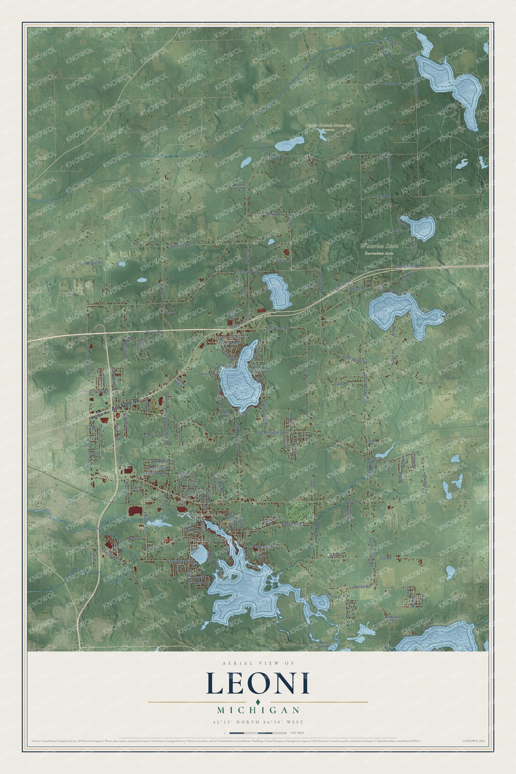 Full map of Leoni, Michigan, with red buildings, printed street names and the land around them