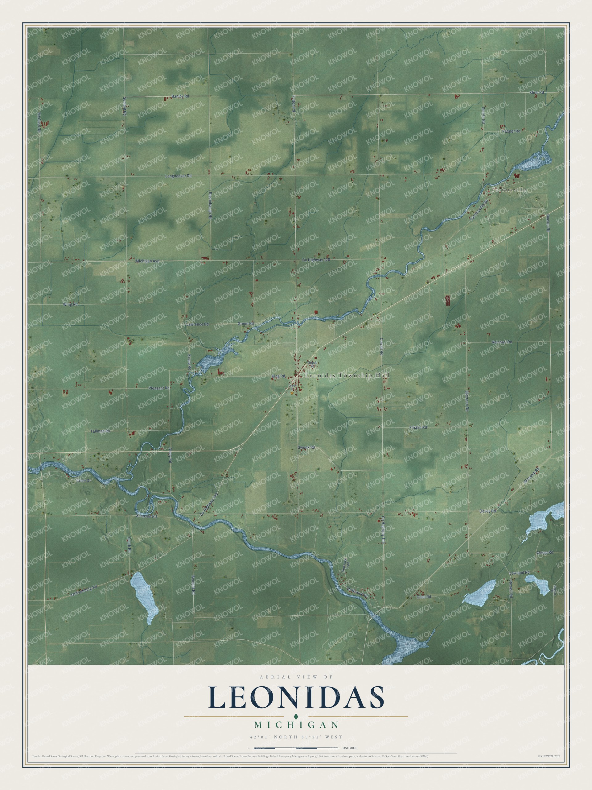 Full map of Leonidas, Michigan, with red buildings, printed street names and the land around them