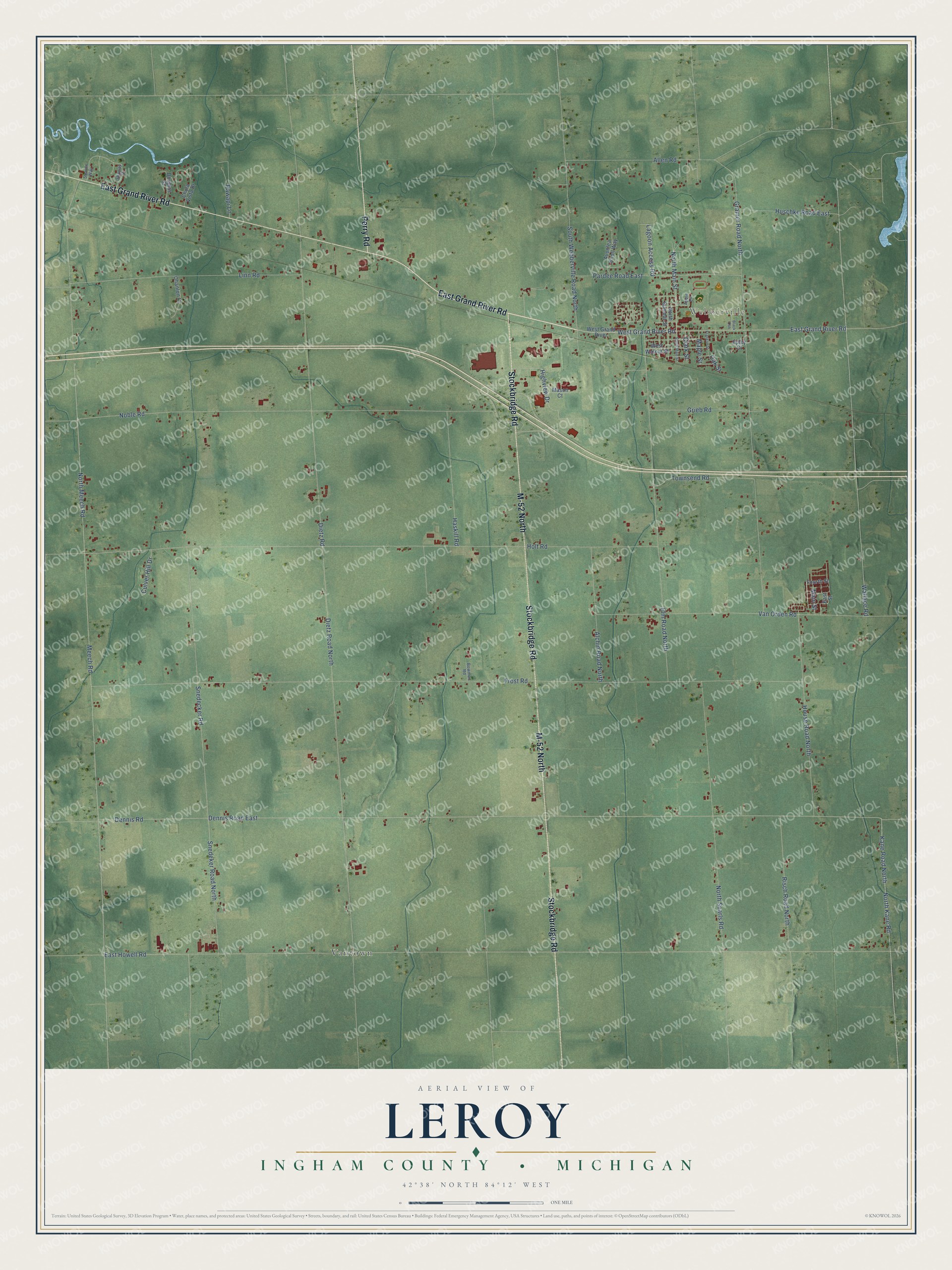 Full map of Leroy, Michigan, with red buildings, printed street names and the land around them