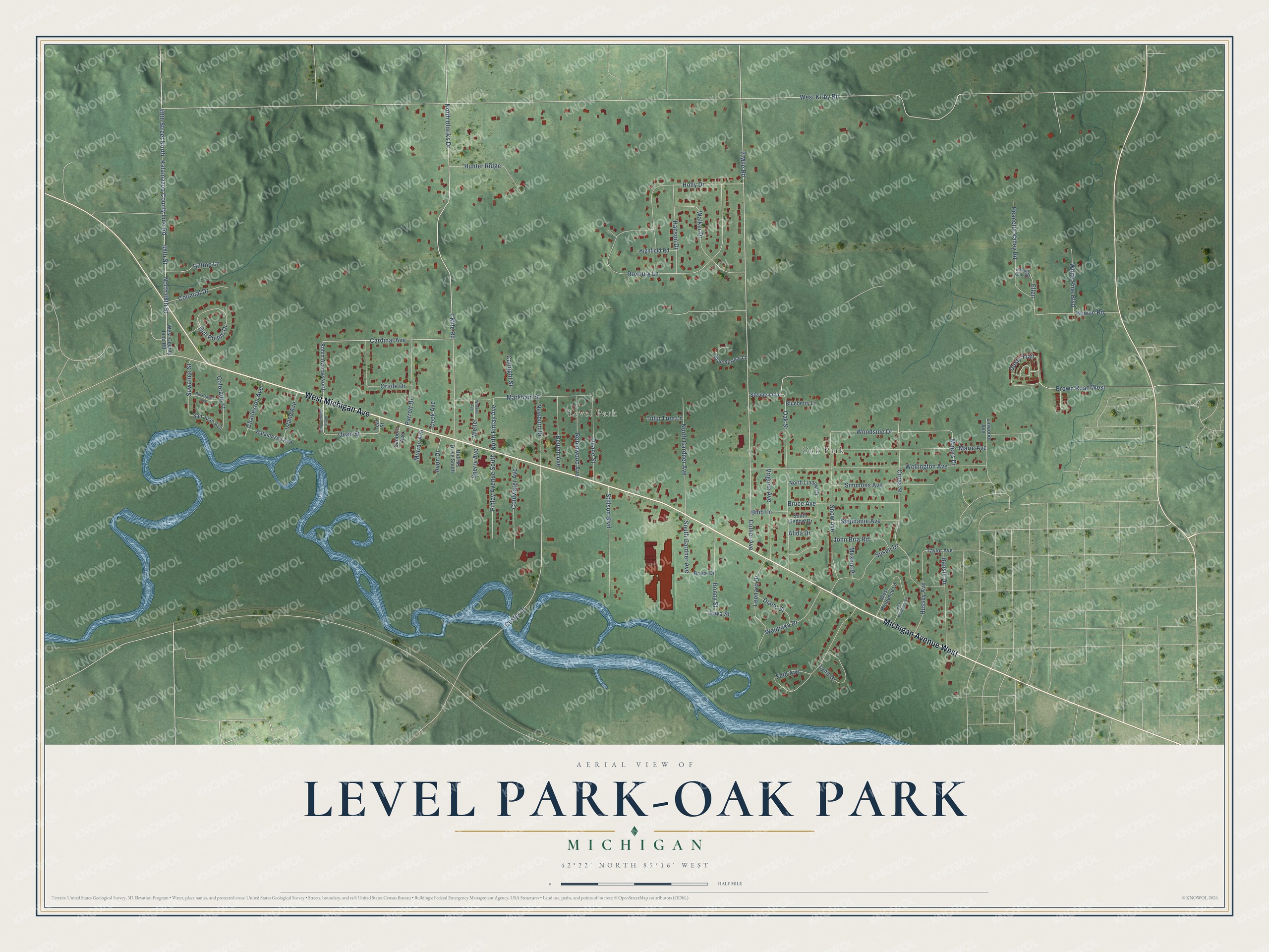 Full map of Level Park-Oak Park, Michigan, with red buildings, printed street names and the land around them