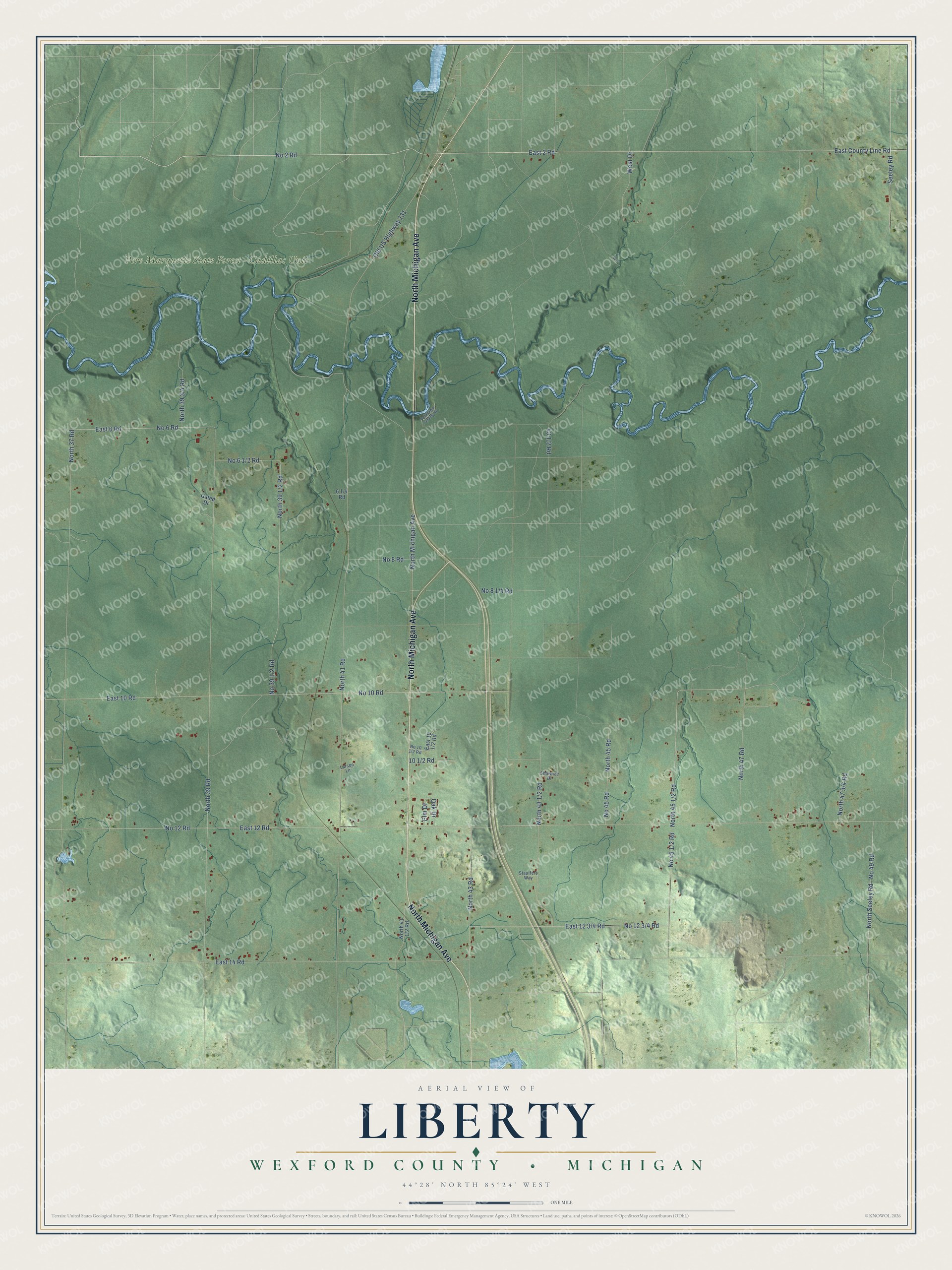 Full map of Liberty, Michigan, with red buildings, printed street names and the land around them