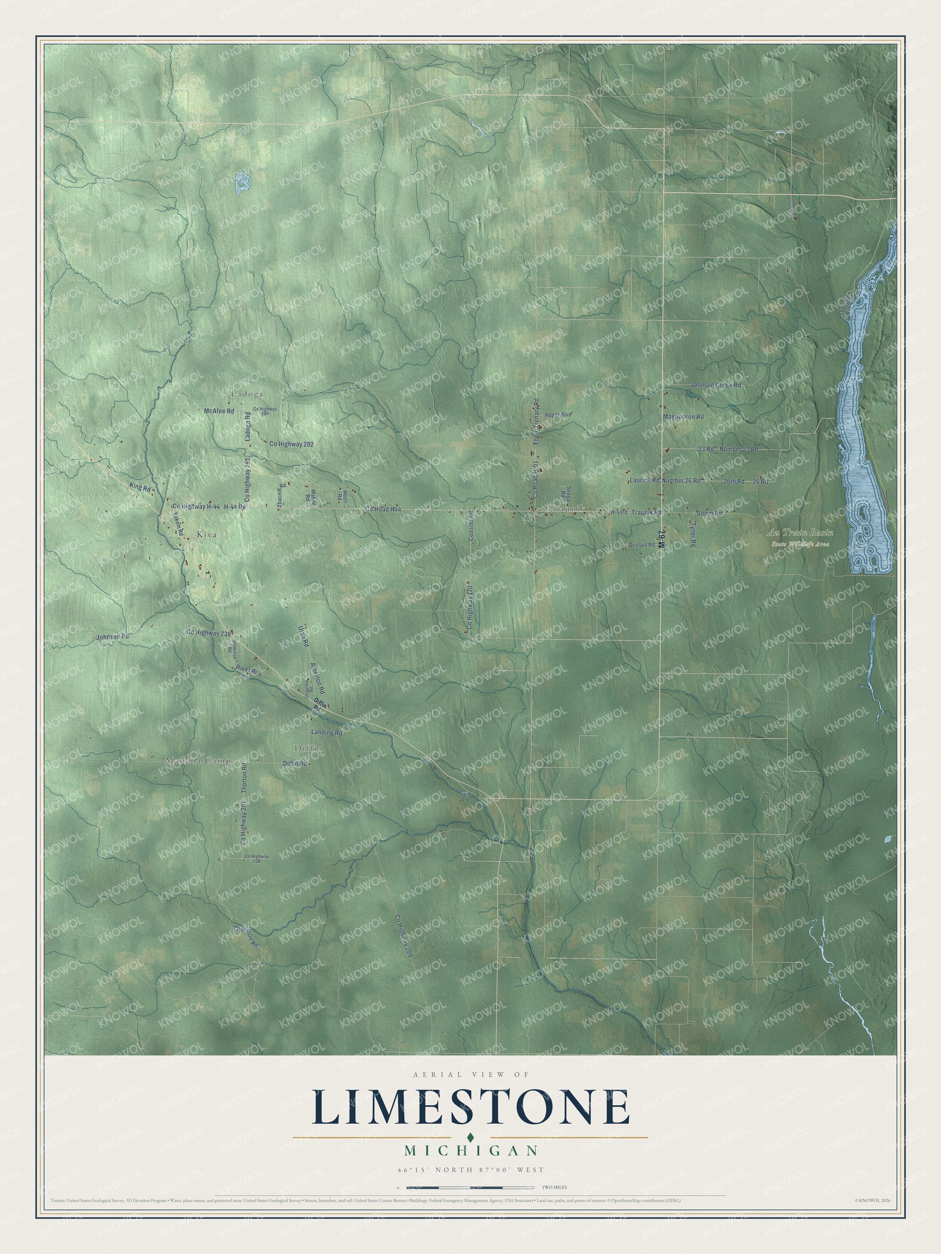 Full map of Limestone, Michigan, with red buildings, printed street names and the land around them