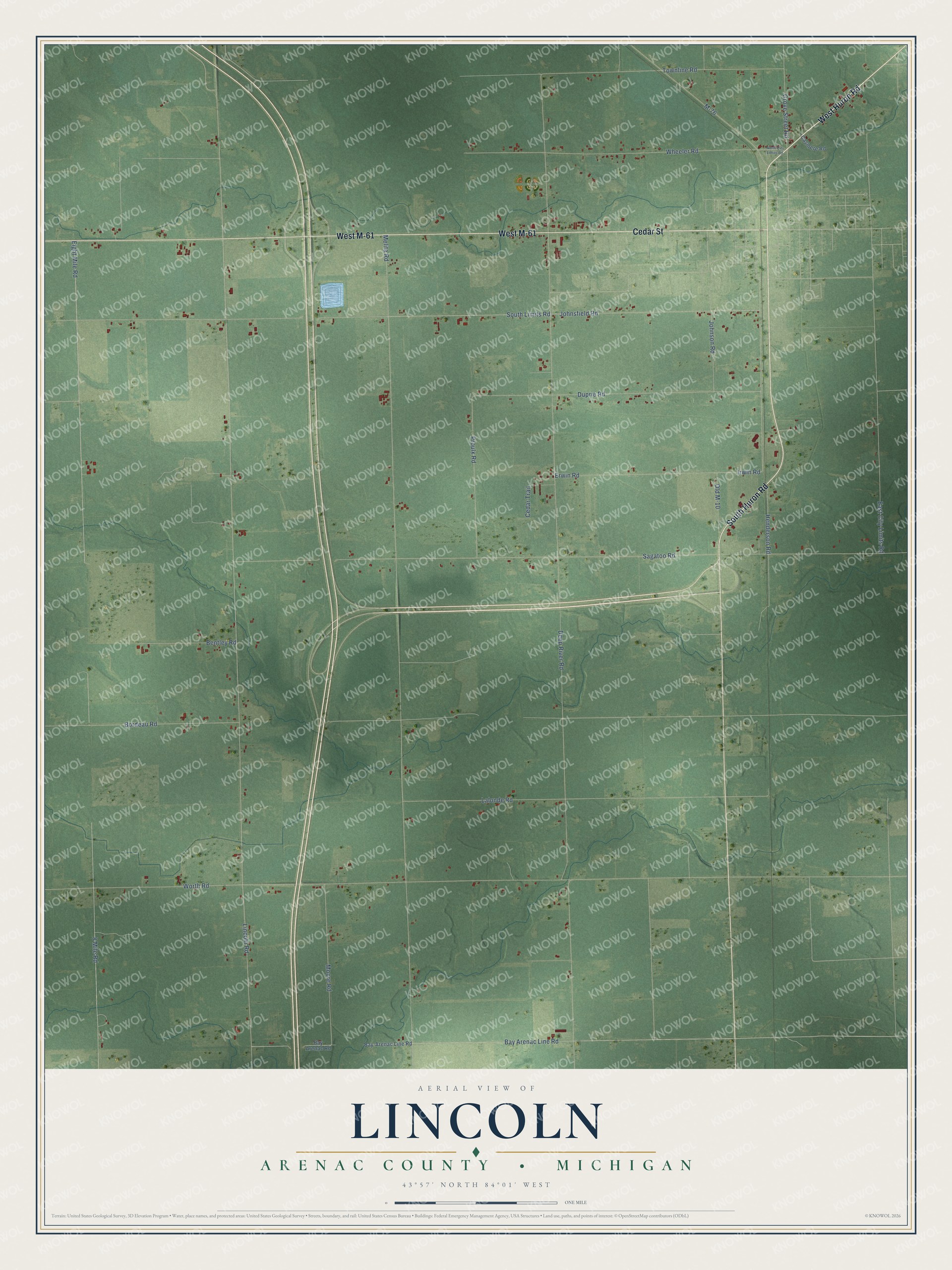 Full map of Lincoln, Michigan, with red buildings, printed street names and the land around them