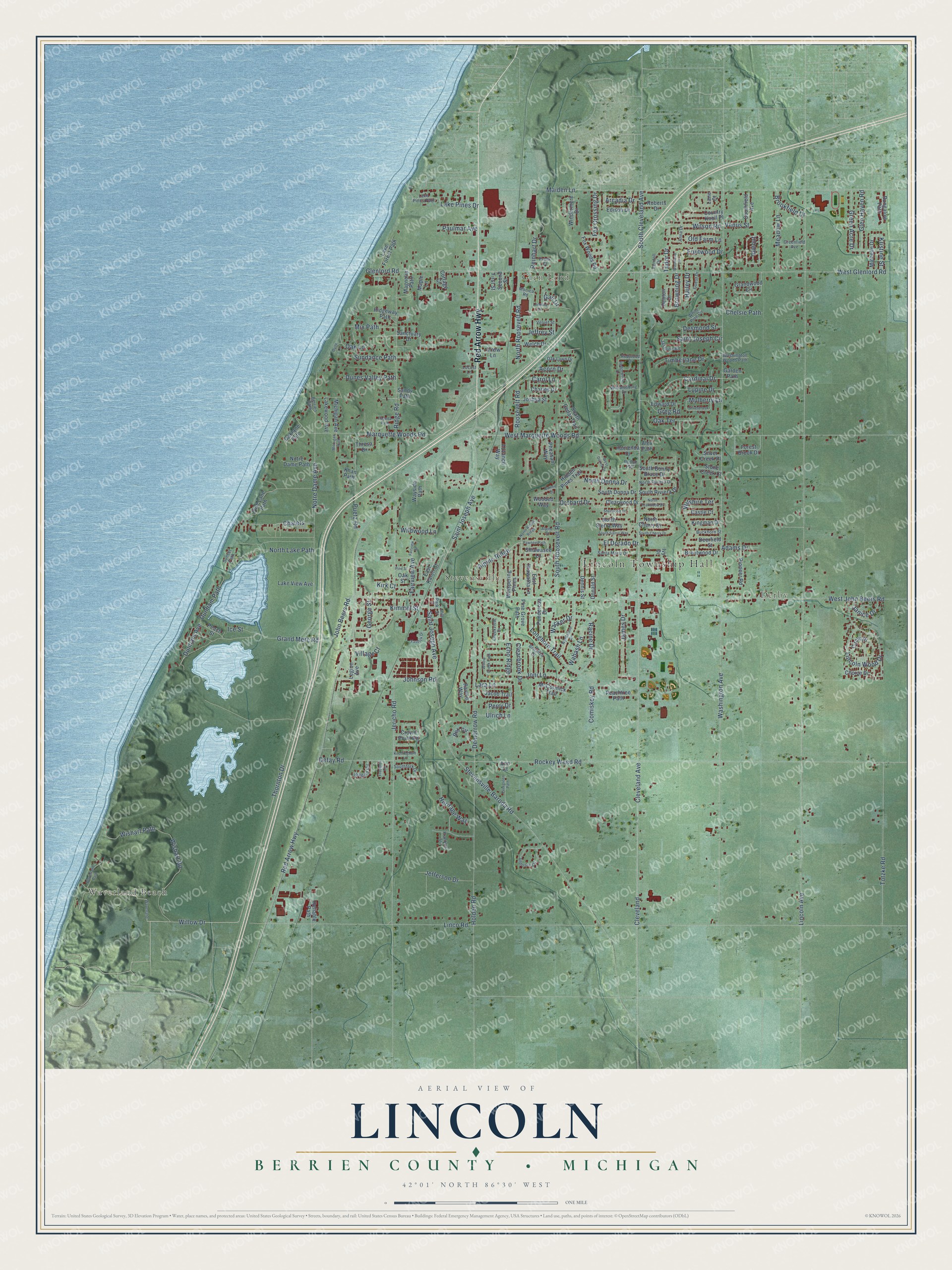 Full map of Lincoln, Michigan, with red buildings, printed street names and the land around them