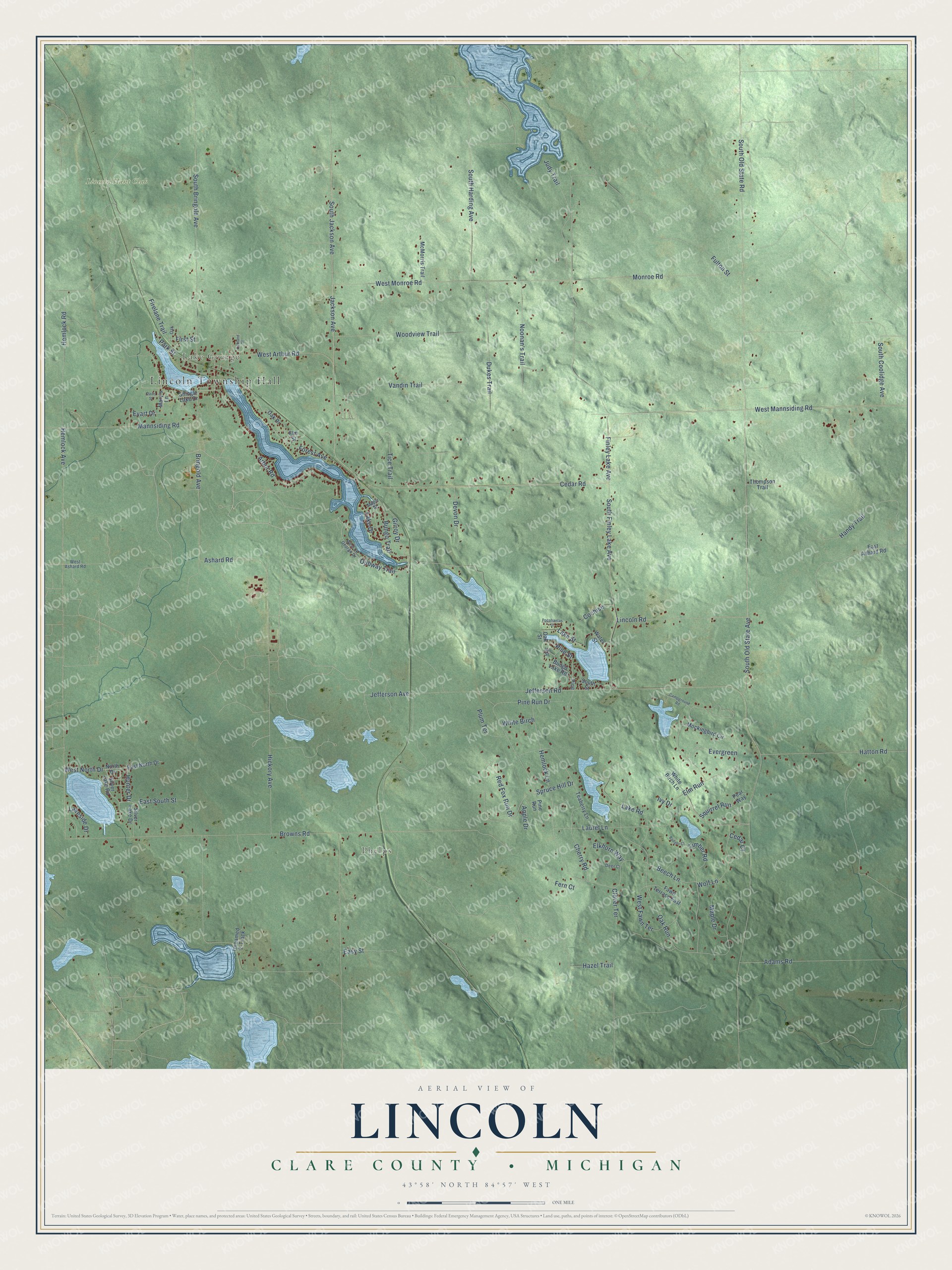 Full map of Lincoln, Michigan, with red buildings, printed street names and the land around them