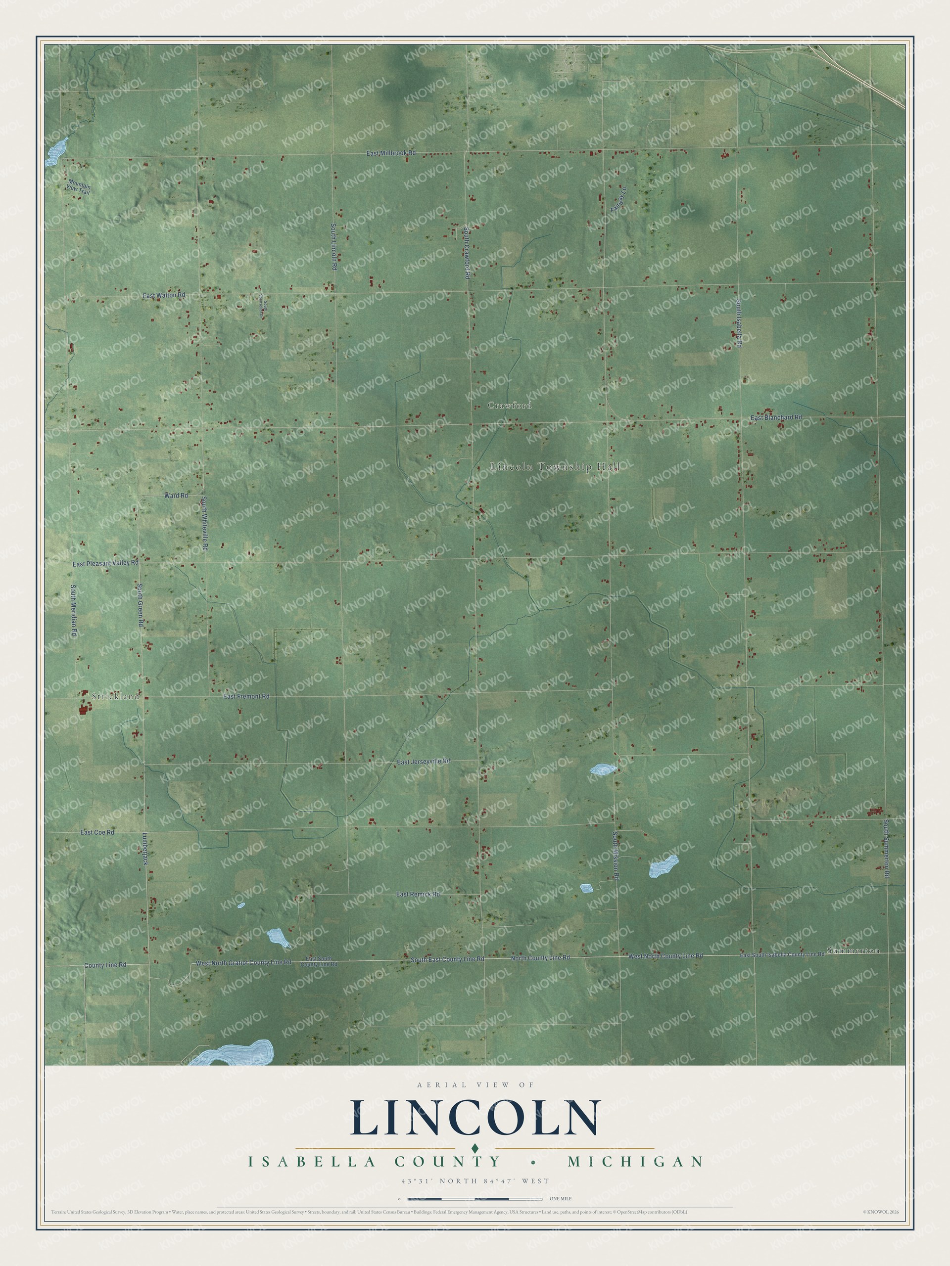Full map of Lincoln, Michigan, with red buildings, printed street names and the land around them
