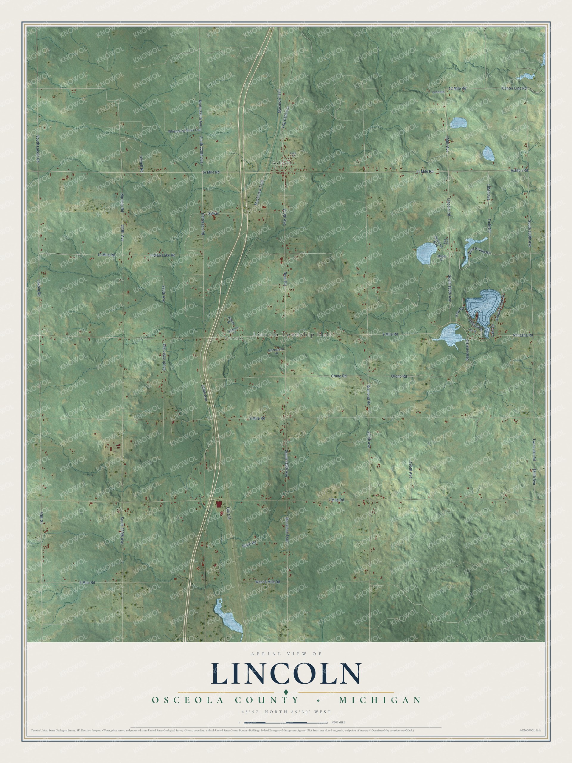 Full map of Lincoln, Michigan, with red buildings, printed street names and the land around them