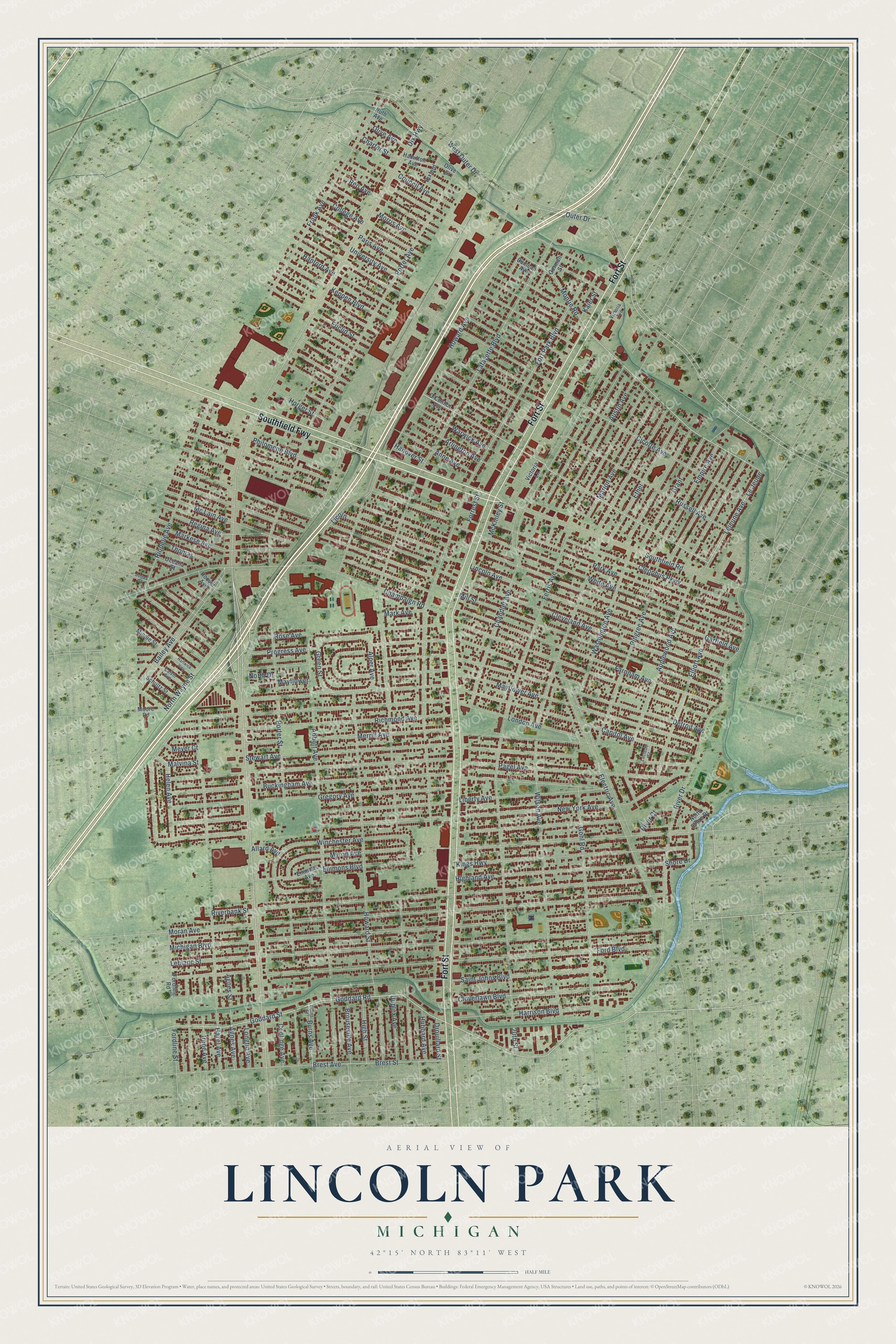 Watermarked full-map preview of Lincoln Park, Michigan