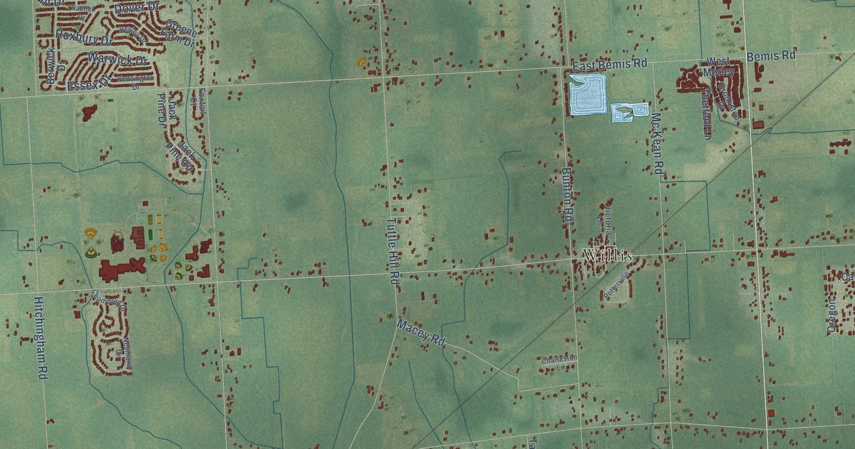 Close-up of streets and buildings in Lincoln, Washtenaw County, Michigan
