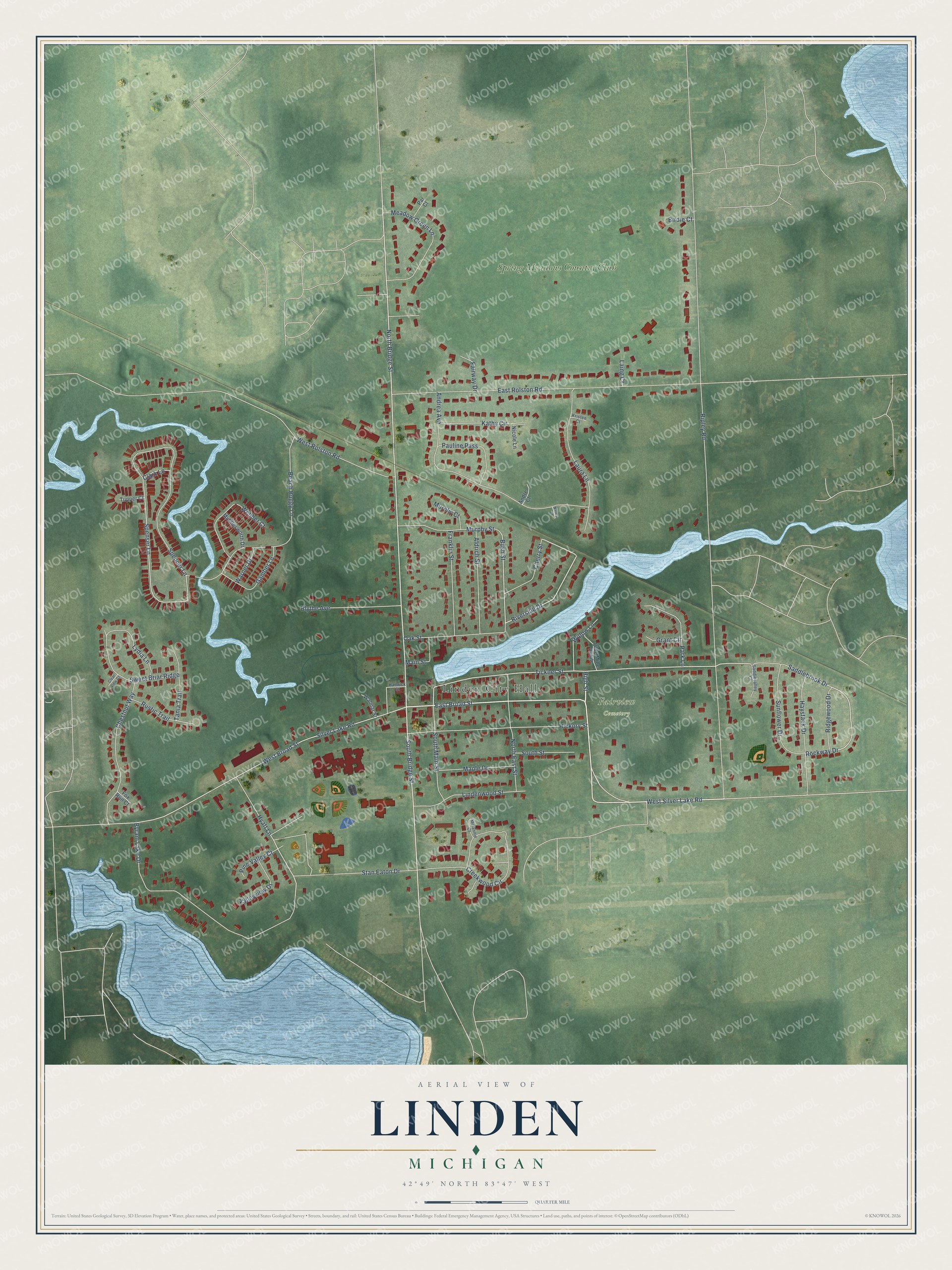 Full map of Linden, Michigan, with red buildings, printed street names and the land around them