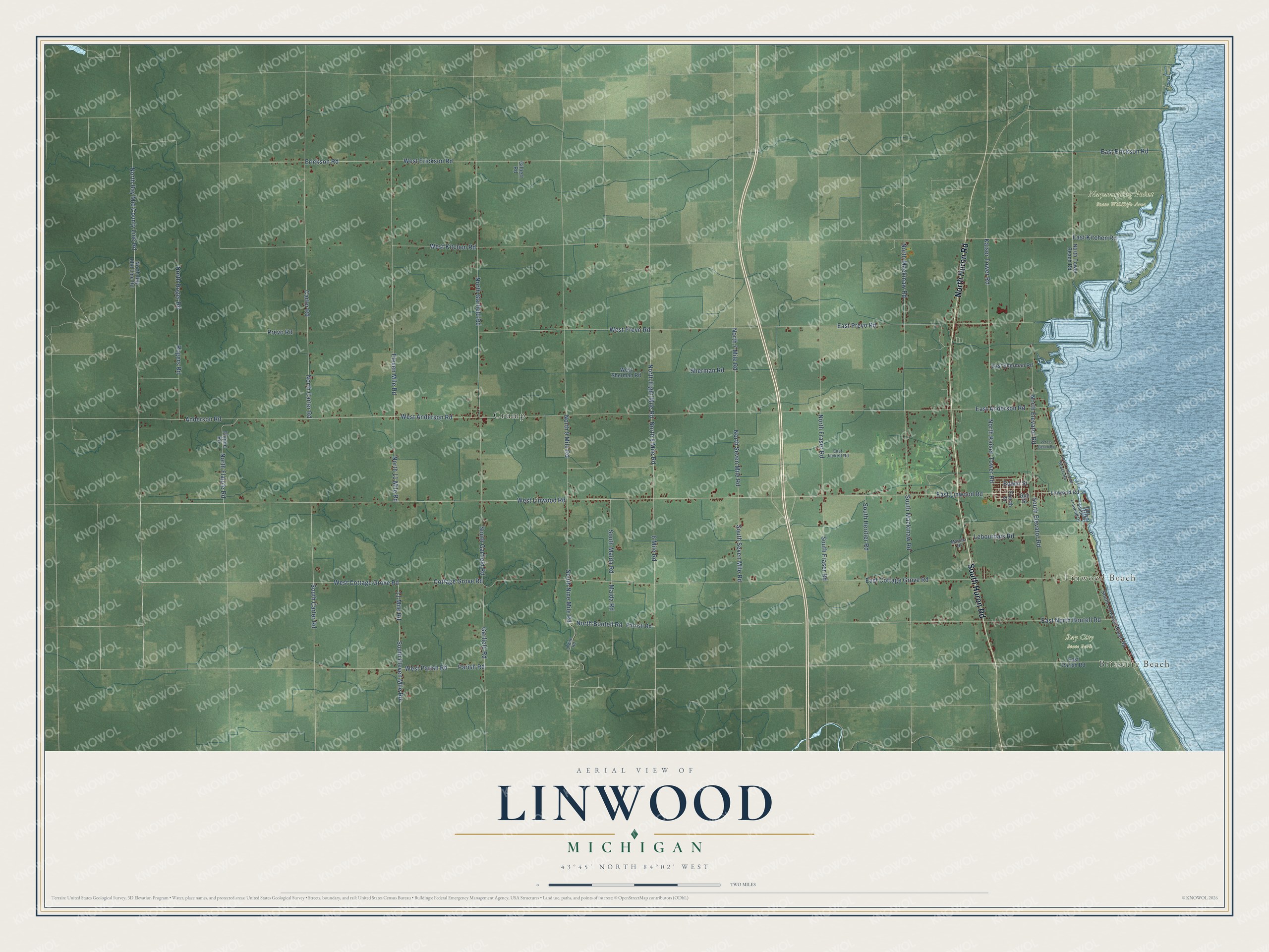 Full map of Linwood, Michigan, with red buildings, printed street names and the land around them