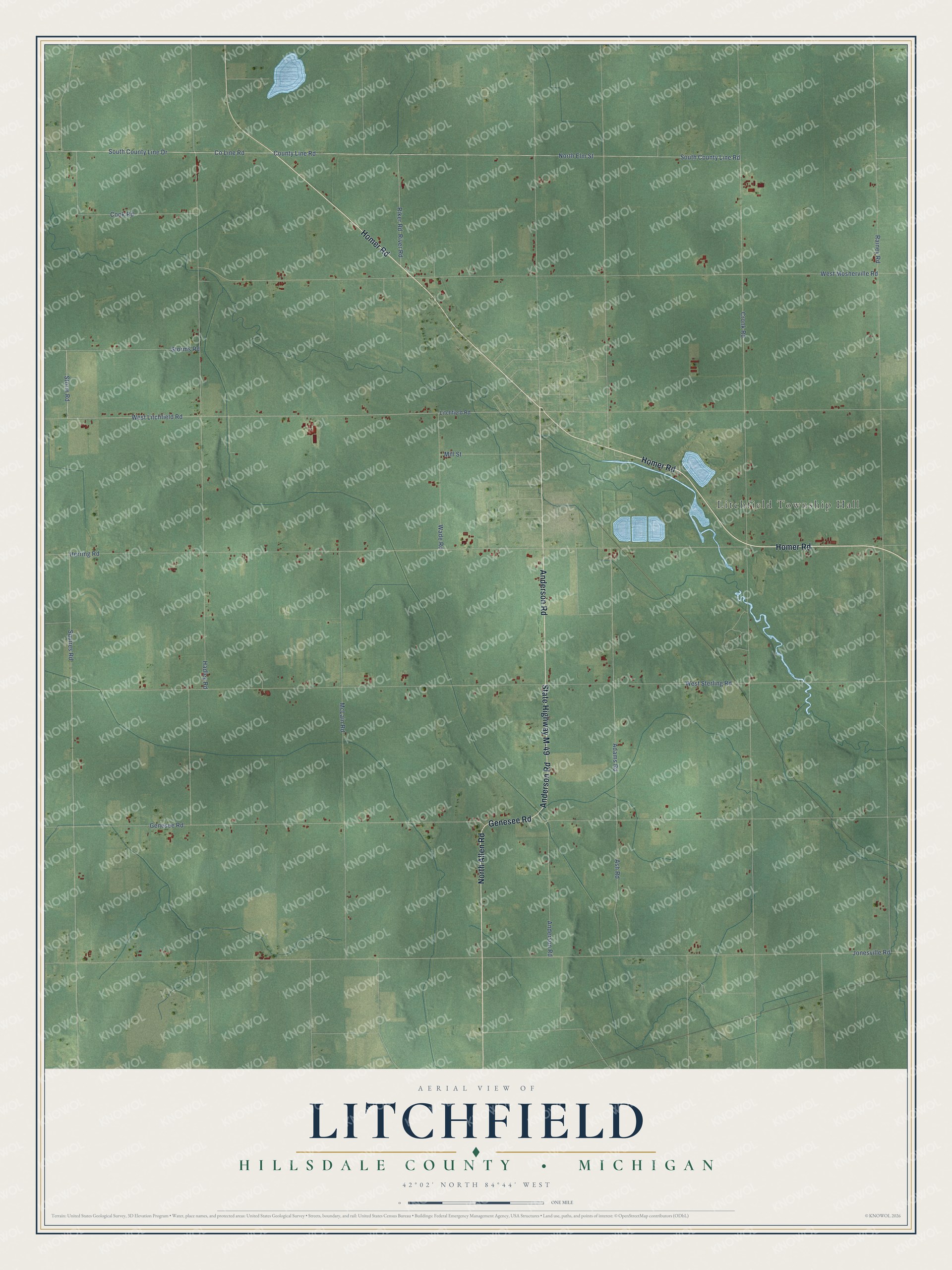 Full map of Litchfield, Michigan, with red buildings, printed street names and the land around them