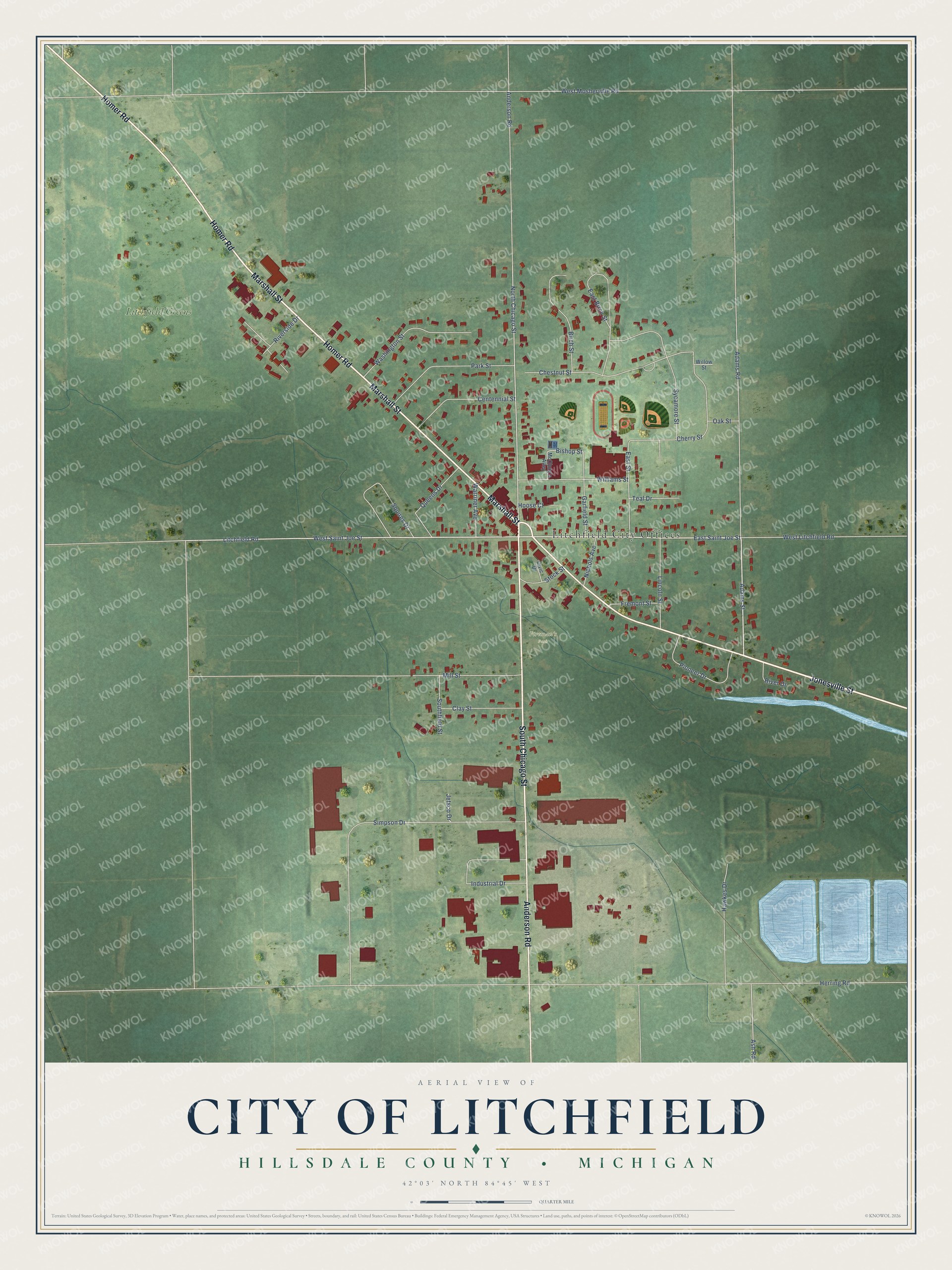 Full map of Litchfield, Michigan, with red buildings, printed street names and the land around them