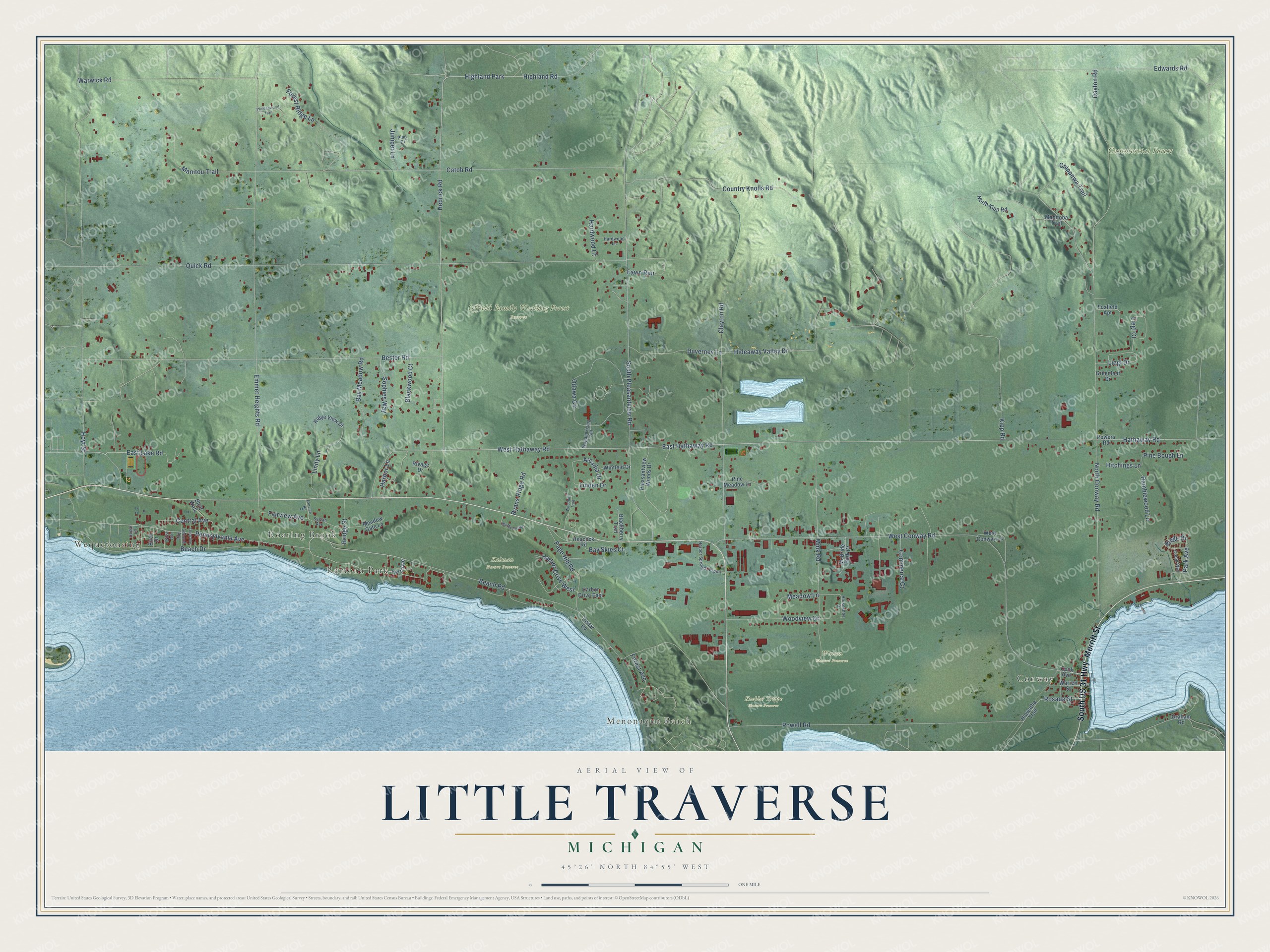 Full map of Little Traverse, Michigan, with red buildings, printed street names and the land around them