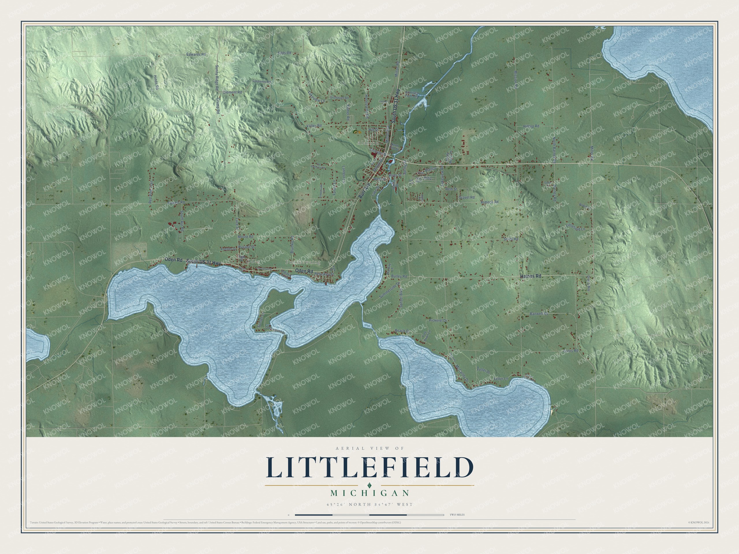 Full map of Littlefield, Michigan, with red buildings, printed street names and the land around them
