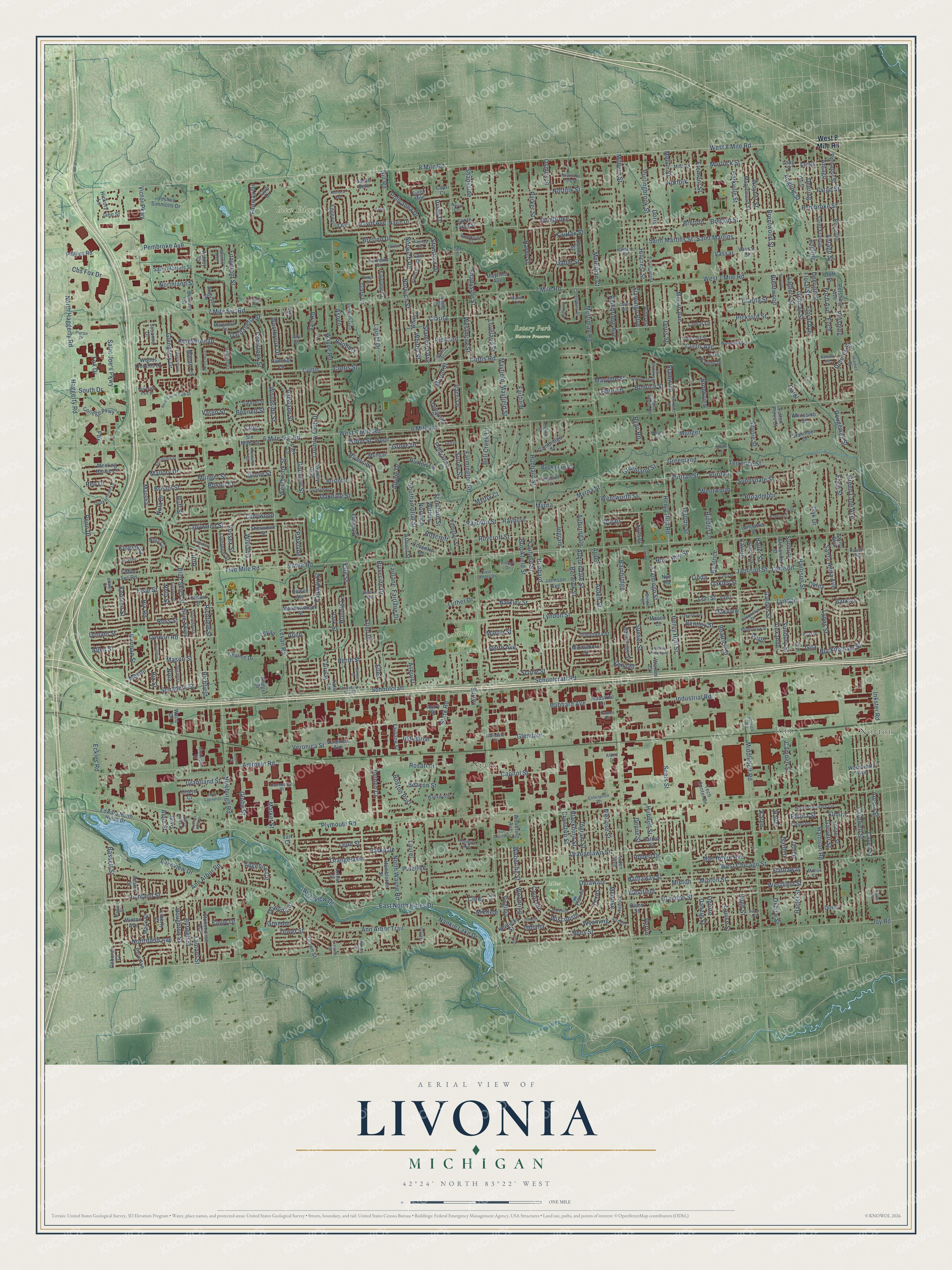 Full map of Livonia, Michigan, with red buildings, printed street names and the land around them