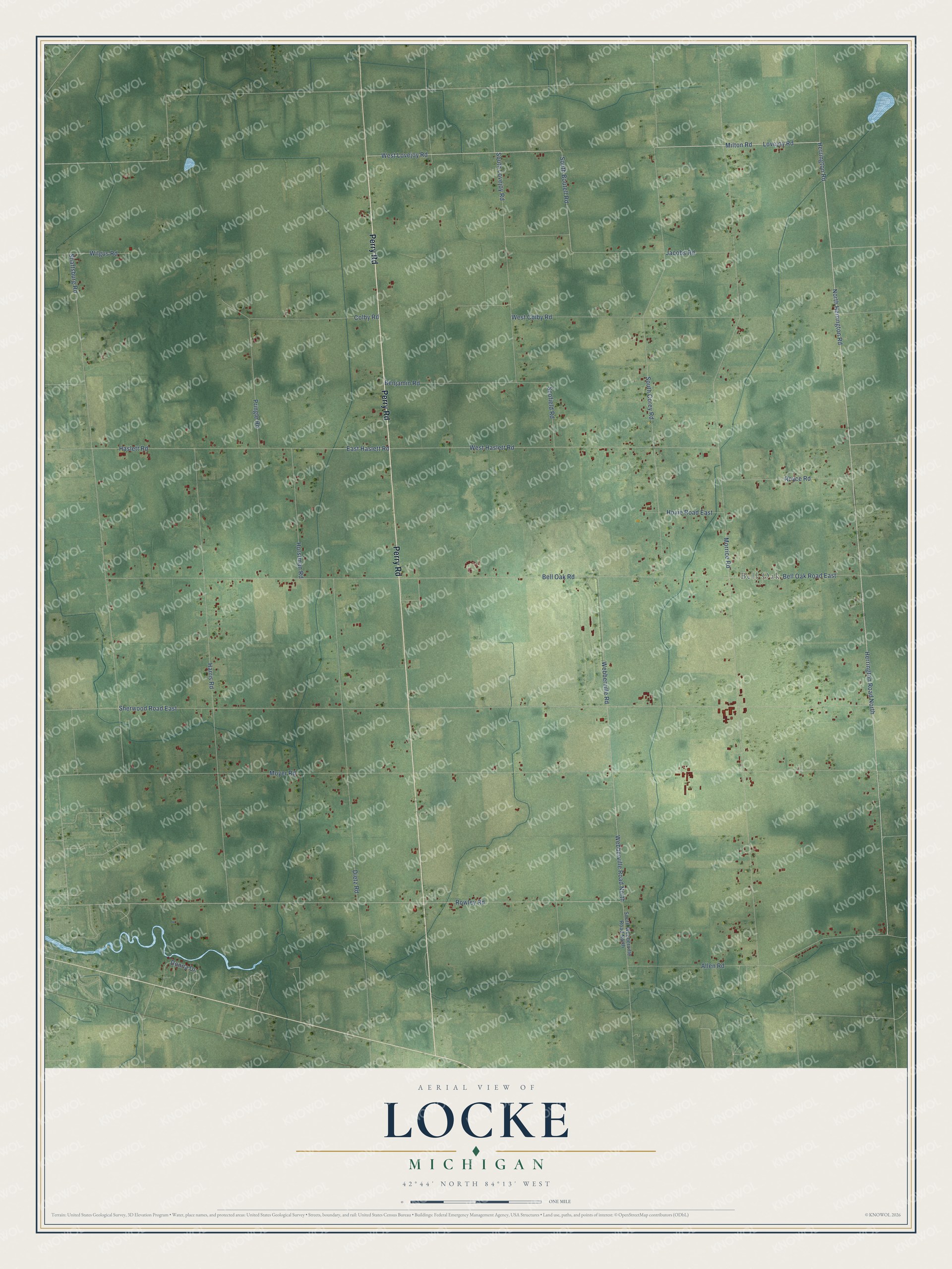 Full map of Locke, Michigan, with red buildings, printed street names and the land around them